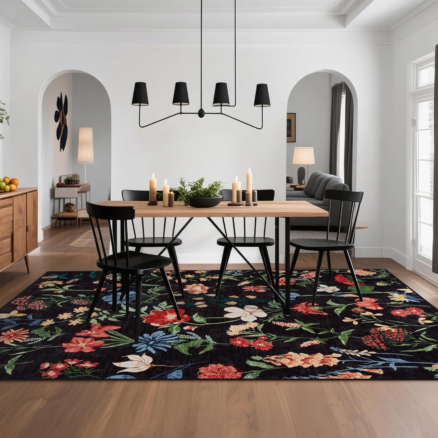 image:imageGarvee 8x10 Floral Area Rugs Washable Non Slip Low Pile Boho Indoor Rug Soft Vintage Carpet for Living Room Bedroom Dining Room Light GreenBlack