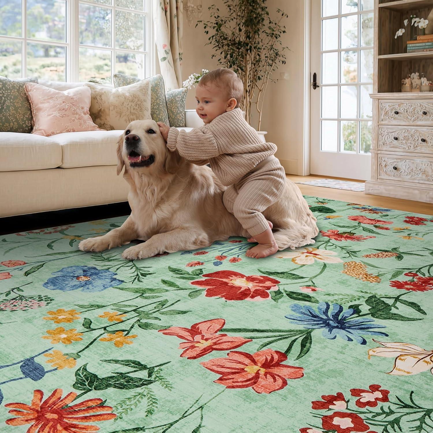 image:imageGarvee 8x10 Floral Area Rugs Washable Non Slip Low Pile Boho Indoor Rug Soft Vintage Carpet for Living Room Bedroom Dining Room Light GreenLight Green