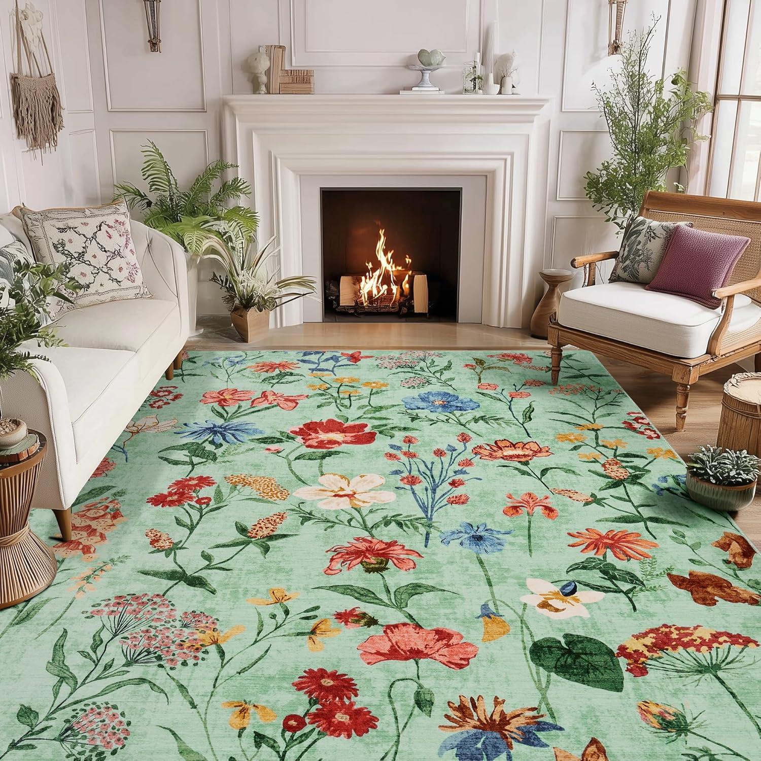 image:imageGarvee 8x10 Floral Area Rugs Washable Non Slip Low Pile Boho Indoor Rug Soft Vintage Carpet for Living Room Bedroom Dining Room Light GreenLight Green