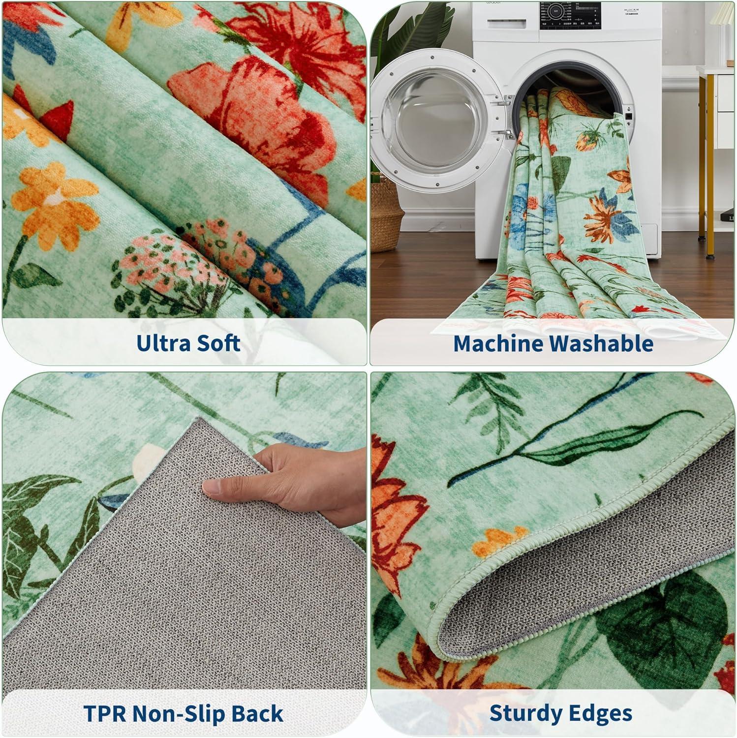 image:imageGarvee 8x10 Floral Area Rugs Washable Non Slip Low Pile Boho Indoor Rug Soft Vintage Carpet for Living Room Bedroom Dining Room Light GreenLight Green