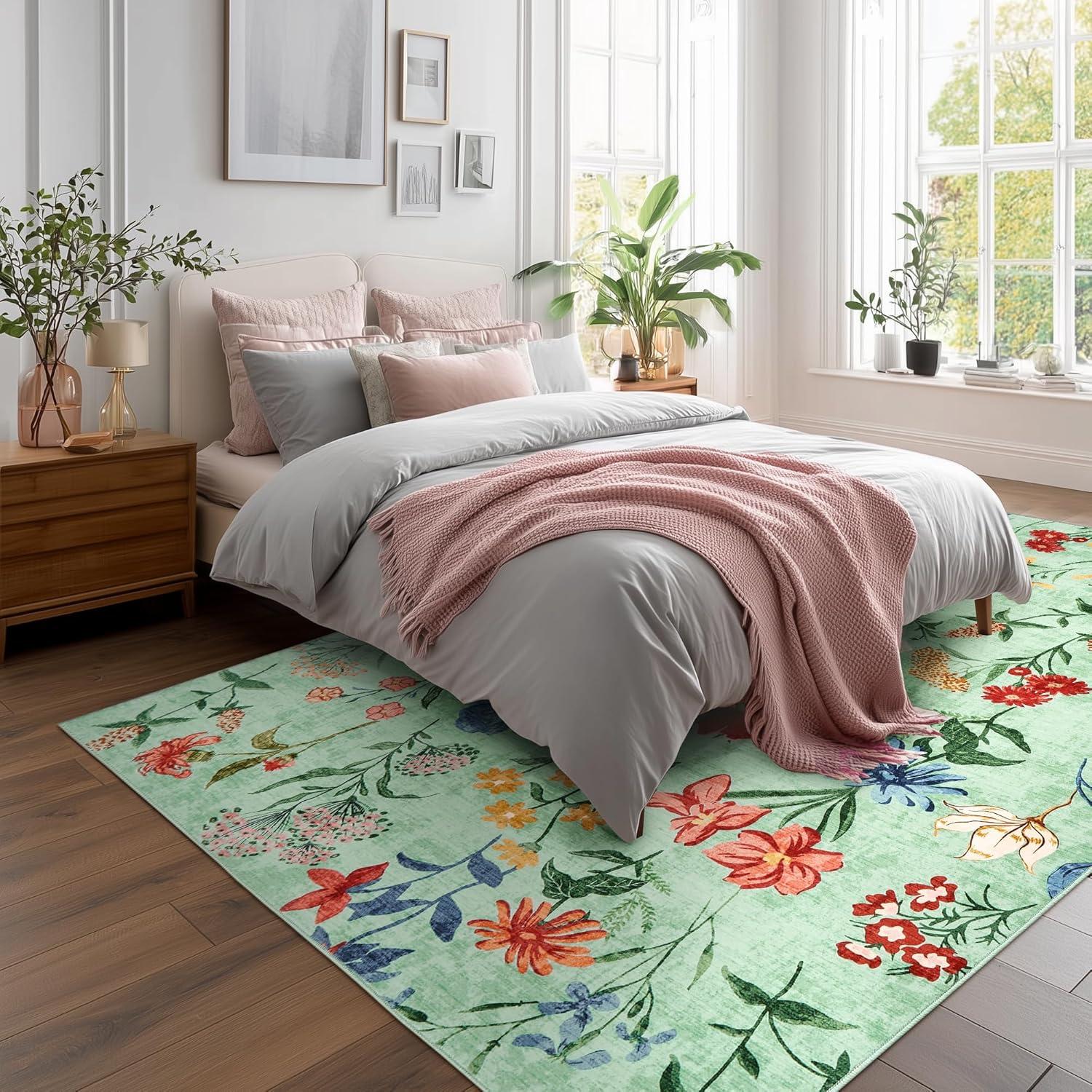 image:imageGarvee 8x10 Floral Area Rugs Washable Non Slip Low Pile Boho Indoor Rug Soft Vintage Carpet for Living Room Bedroom Dining Room Light GreenLight Green