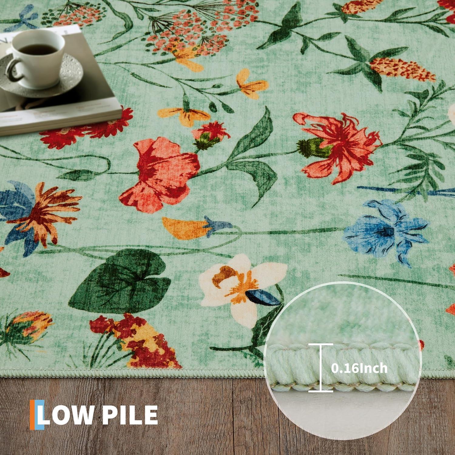 image:imageGarvee 8x10 Floral Area Rugs Washable Non Slip Low Pile Boho Indoor Rug Soft Vintage Carpet for Living Room Bedroom Dining Room Light GreenLight Green