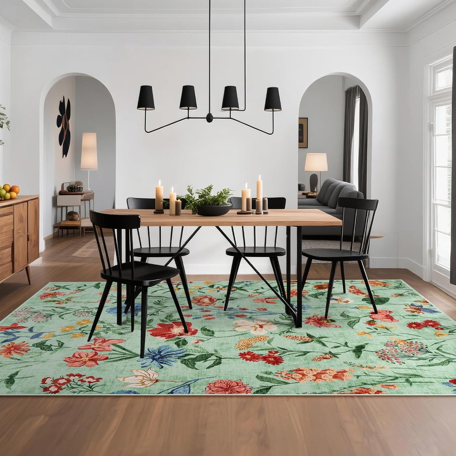 image:imageGarvee 8x10 Floral Area Rugs Washable Non Slip Low Pile Boho Indoor Rug Soft Vintage Carpet for Living Room Bedroom Dining Room Light GreenLight Green