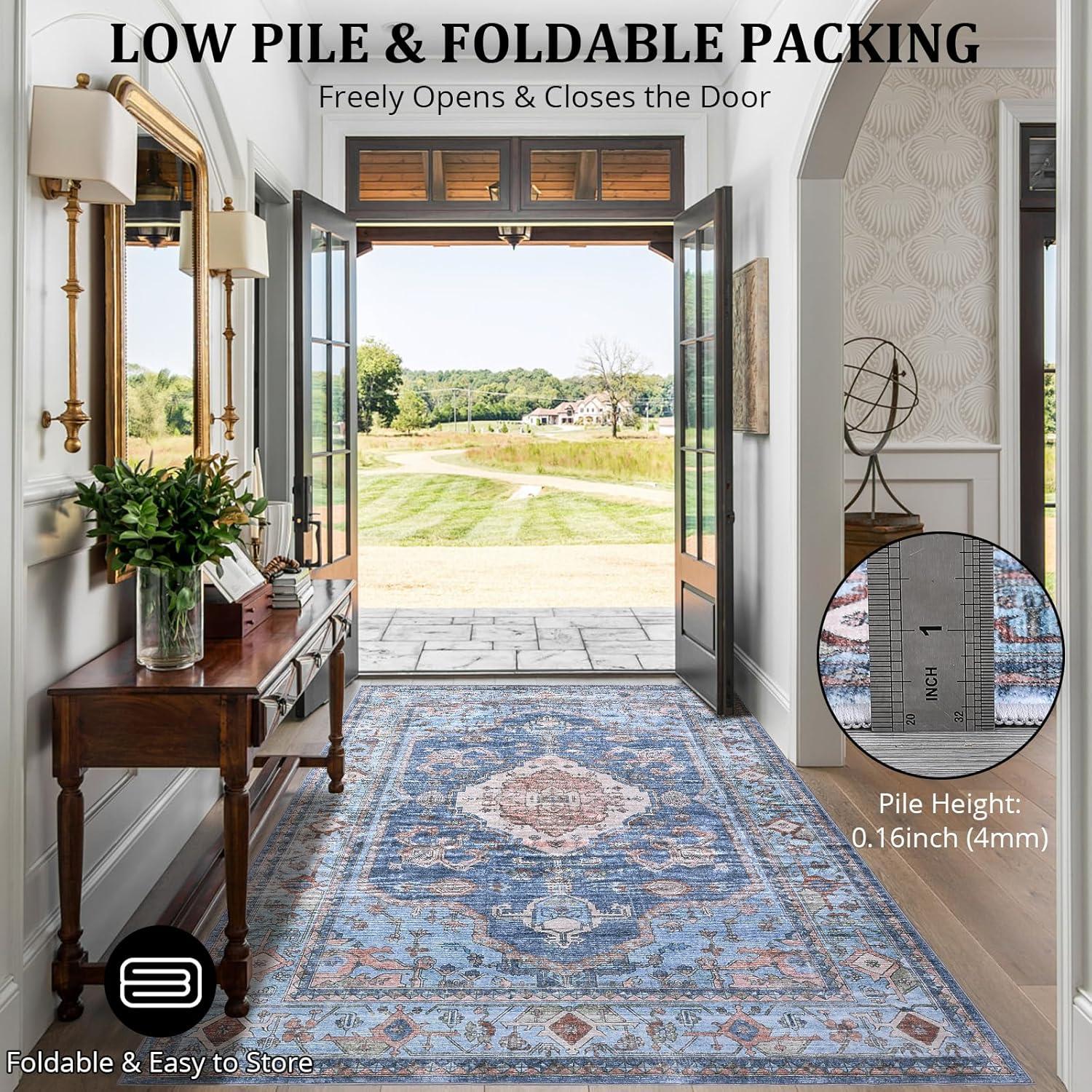 image:imageGarvee Machine Washable Rug 6x9 Vintage Area Rug for Living Room Non Slip Non Shedding Floor Carpet Low Pile Soft Accent Rug Stain Resistant Indoor Printed Mat for Bedroom Nursery GrayBlue Tone