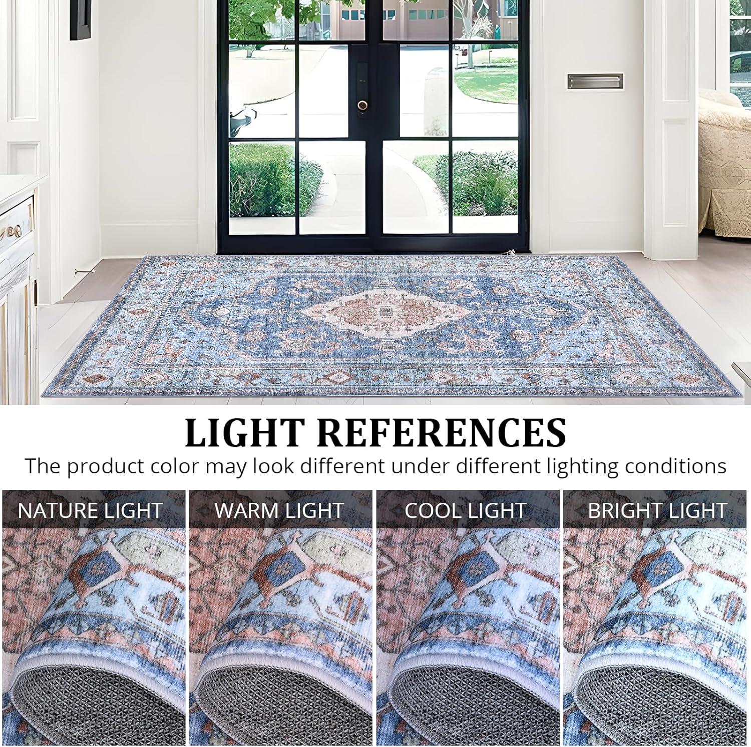 image:imageGarvee Machine Washable Rug 6x9 Vintage Area Rug for Living Room Non Slip Non Shedding Floor Carpet Low Pile Soft Accent Rug Stain Resistant Indoor Printed Mat for Bedroom Nursery GrayBlue Tone