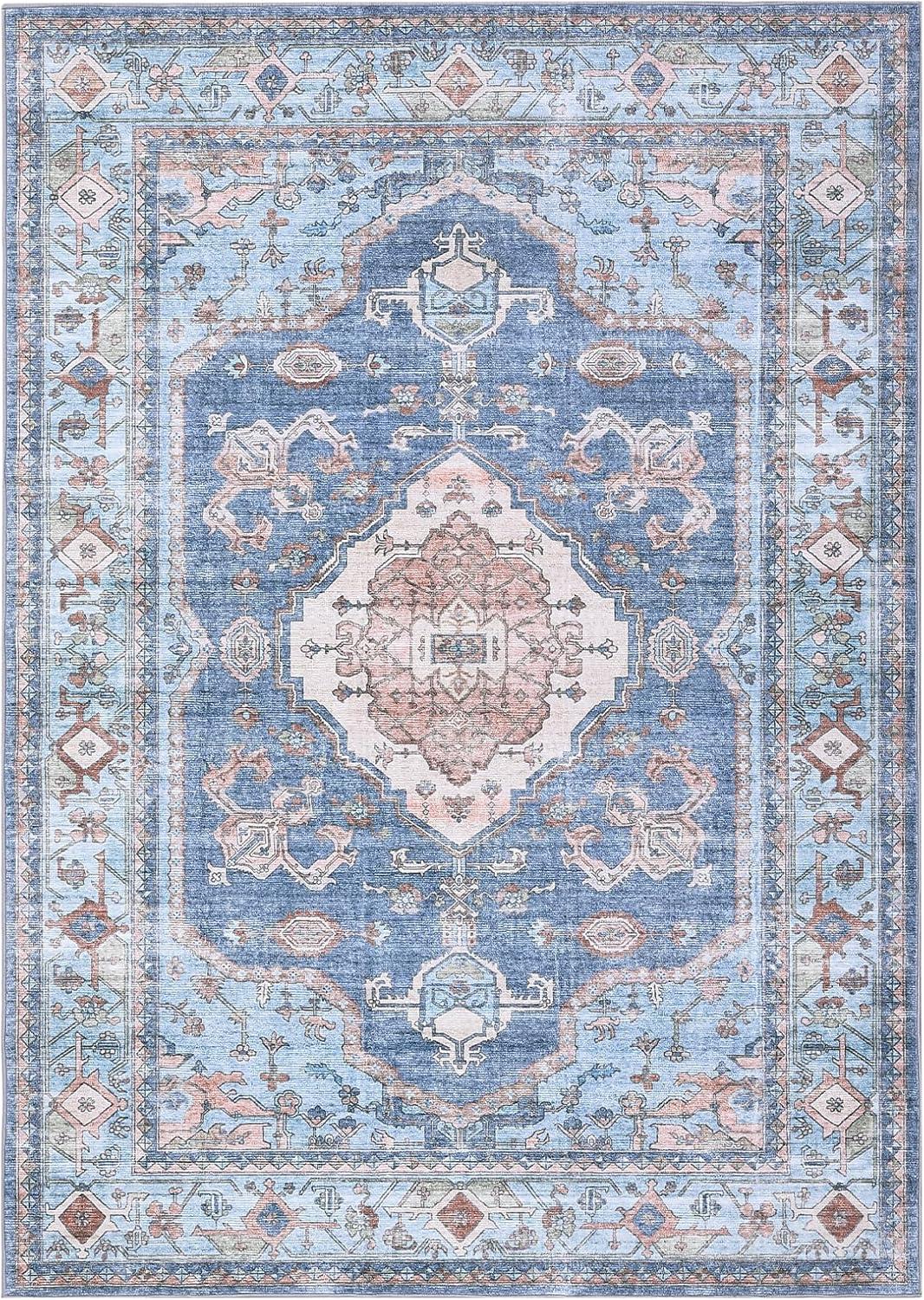 image:imageGarvee Machine Washable Rug 6x9 Vintage Area Rug for Living Room Non Slip Non Shedding Floor Carpet Low Pile Soft Accent Rug Stain Resistant Indoor Printed Mat for Bedroom Nursery GrayBlue Tone