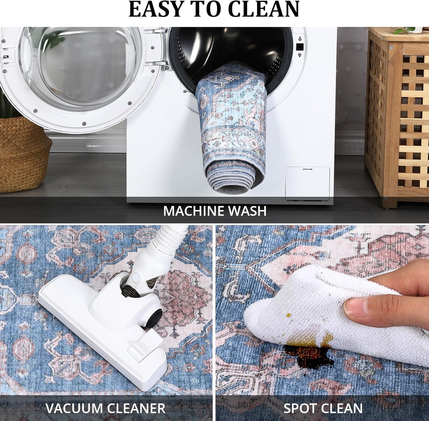 image:imageGarvee Machine Washable Rug 6x9 Vintage Area Rug for Living Room Non Slip Non Shedding Floor Carpet Low Pile Soft Accent Rug Stain Resistant Indoor Printed Mat for Bedroom Nursery GrayBlue Tone