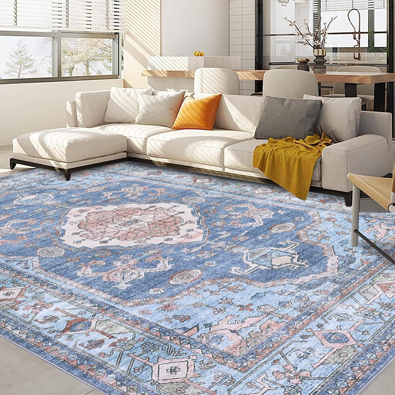 image:imageGarvee Machine Washable Rug 6x9 Vintage Area Rug for Living Room Non Slip Non Shedding Floor Carpet Low Pile Soft Accent Rug Stain Resistant Indoor Printed Mat for Bedroom Nursery GrayBlue Tone