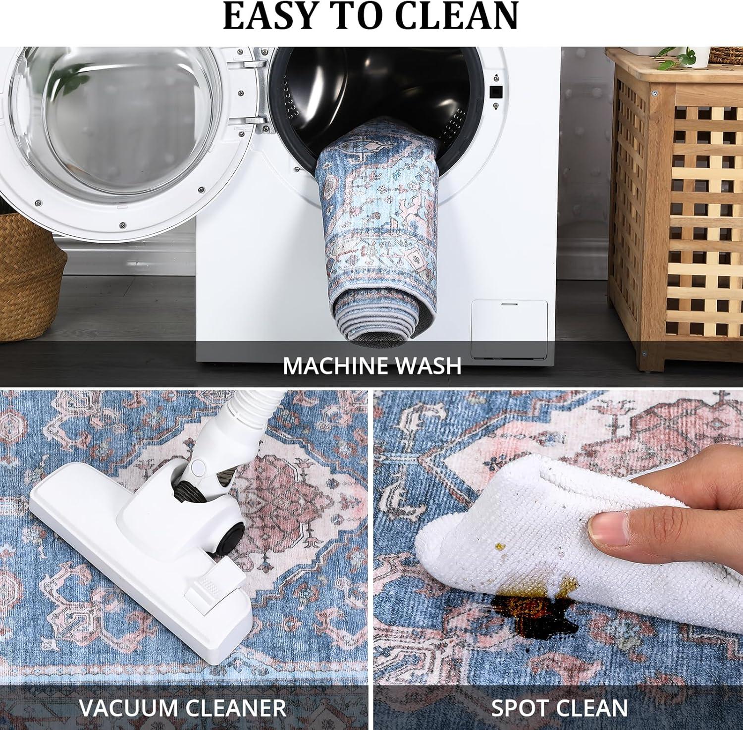image:imageGarvee Machine Washable Rug 6x9 Vintage Area Rug for Living Room Non Slip Non Shedding Floor Carpet Low Pile Soft Accent Rug Stain Resistant Indoor Printed Mat for Bedroom Nursery GrayBlue Tone