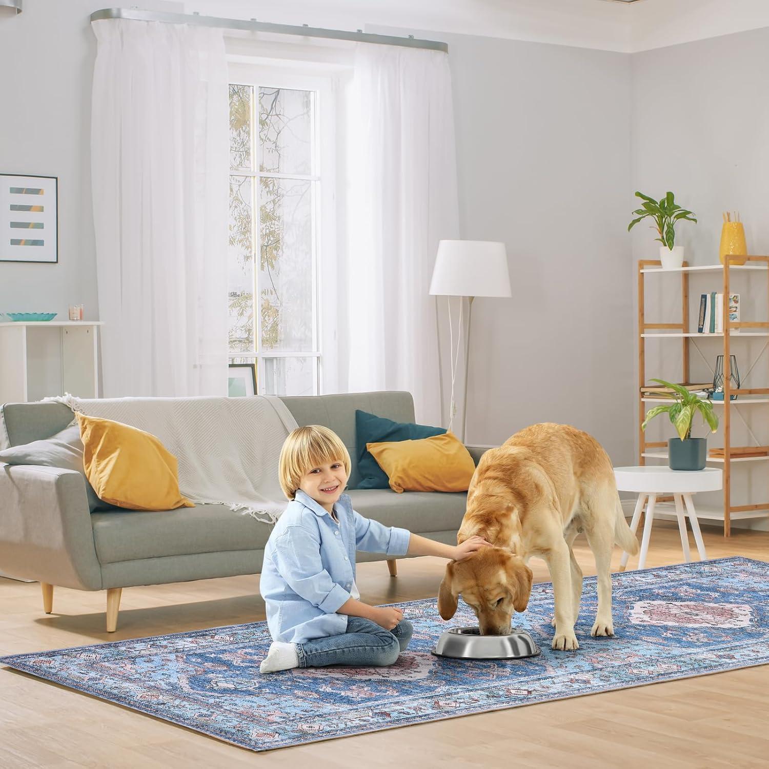image:imageGarvee Machine Washable Rug 6x9 Vintage Area Rug for Living Room Non Slip Non Shedding Floor Carpet Low Pile Soft Accent Rug Stain Resistant Indoor Printed Mat for Bedroom Nursery GrayBlue Tone
