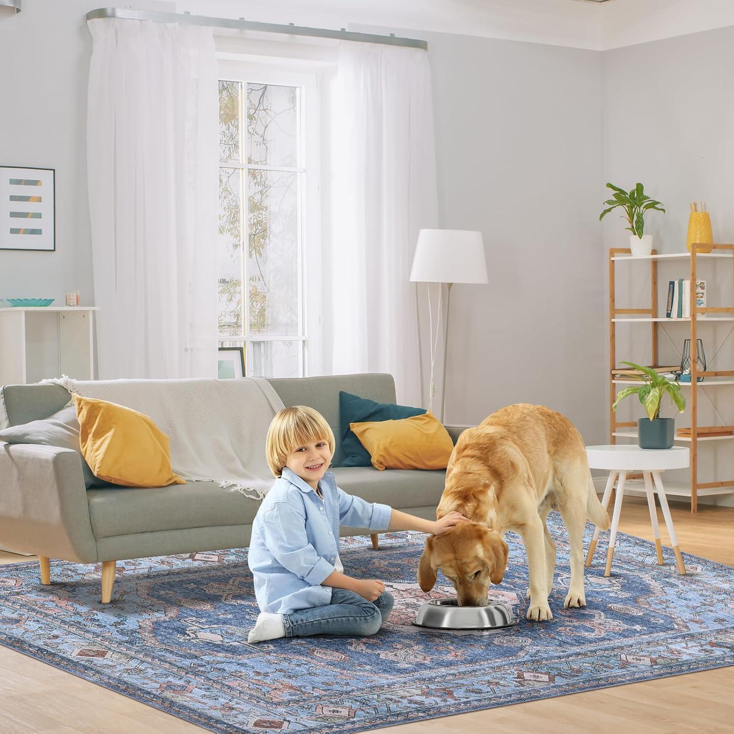 image:imageGarvee Machine Washable Rug 6x9 Vintage Area Rug for Living Room Non Slip Non Shedding Floor Carpet Low Pile Soft Accent Rug Stain Resistant Indoor Printed Mat for Bedroom Nursery GrayBlue Tone