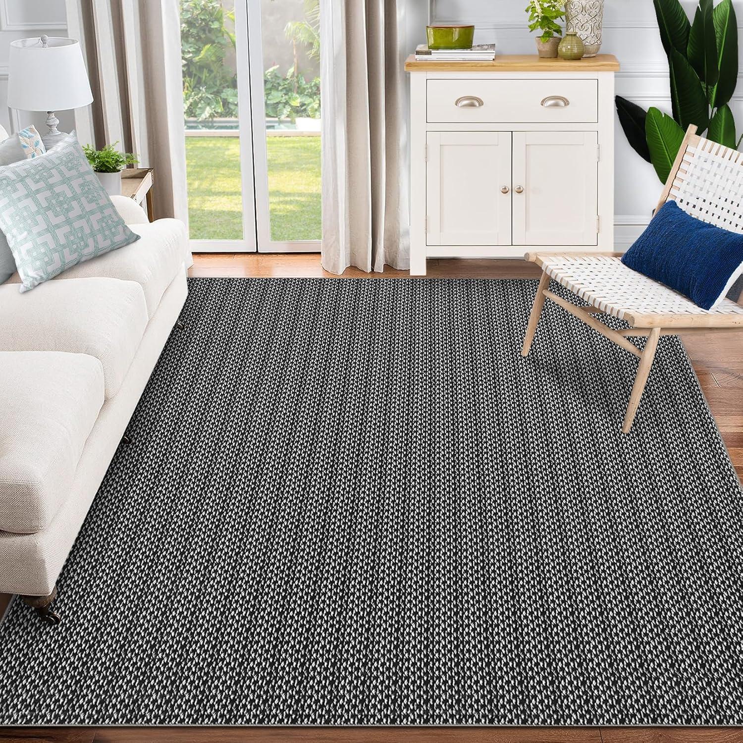 image:imageGarvee Vintage Print Area Rug5x7 ft Boho NonSlip Indoor Carpet with Realistic Braided Texture Stain Resistant Distressed Print Mat for Living RoomBedroomKitchenNurseryWashable DurableBlackBlack