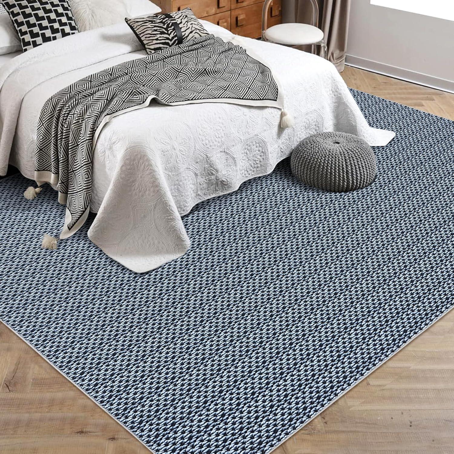 image:imageGarvee Vintage Print Area Rug5x7 ft Boho NonSlip Indoor Carpet with Realistic Braided Texture Stain Resistant Distressed Print Mat for Living RoomBedroomKitchenNurseryWashable DurableBlackBlue