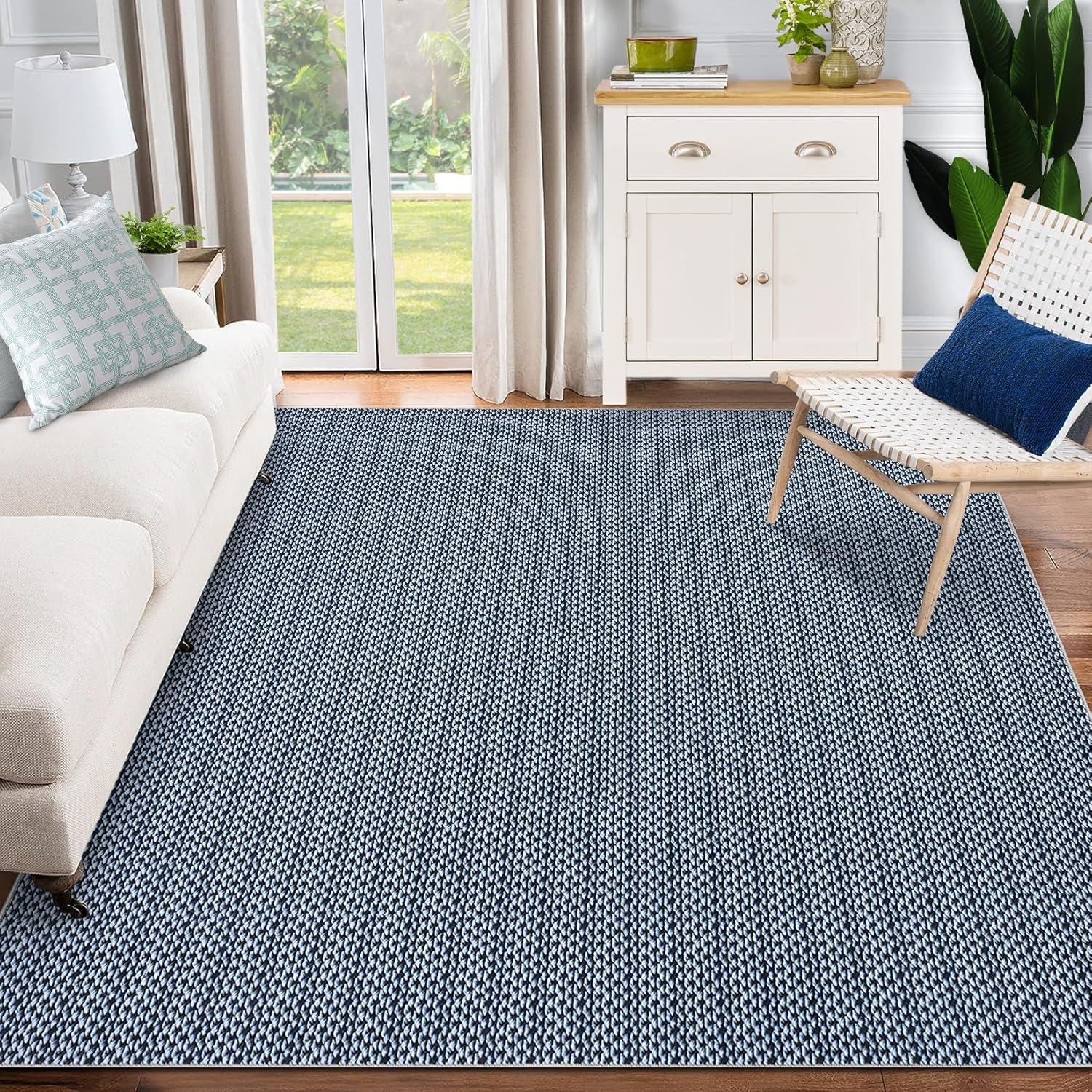 image:imageGarvee Vintage Print Area Rug5x7 ft Boho NonSlip Indoor Carpet with Realistic Braided Texture Stain Resistant Distressed Print Mat for Living RoomBedroomKitchenNurseryWashable DurableBlackBlue