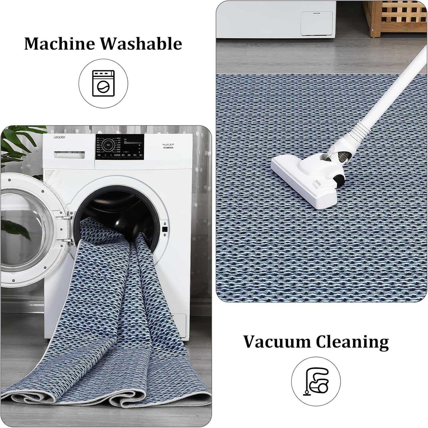 image:imageGarvee Vintage Print Area Rug5x7 ft Boho NonSlip Indoor Carpet with Realistic Braided Texture Stain Resistant Distressed Print Mat for Living RoomBedroomKitchenNurseryWashable DurableBlackBlue