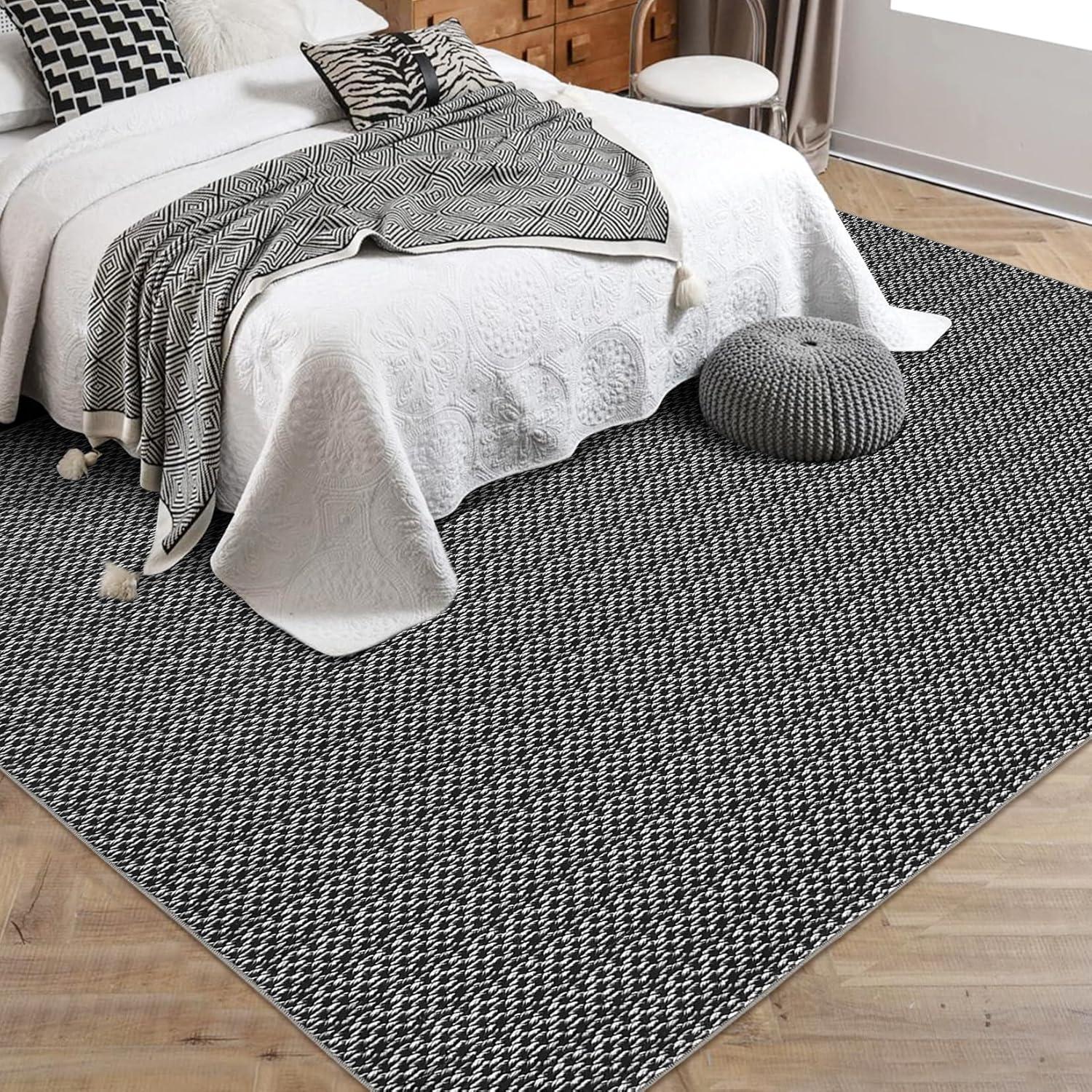 image:imageGarvee Vintage Print Area Rug5x7 ft Boho NonSlip Indoor Carpet with Realistic Braided Texture Stain Resistant Distressed Print Mat for Living RoomBedroomKitchenNurseryWashable DurableBlackBlack