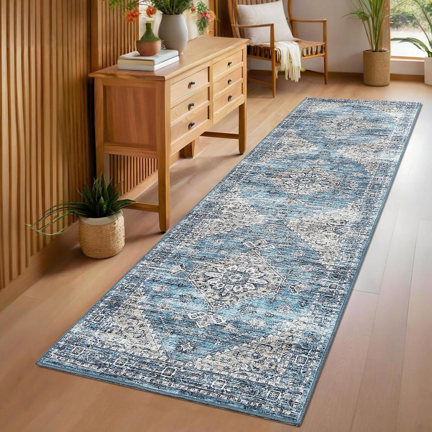 image:imageGarvee Washable Vintage Area Rug Distressed Floral Print Living Room Rugs Retro Accent Floorcover Mat Non Slip Low Pile Throw Carpet for Kitchen Dining Room Office ApartmentBlue