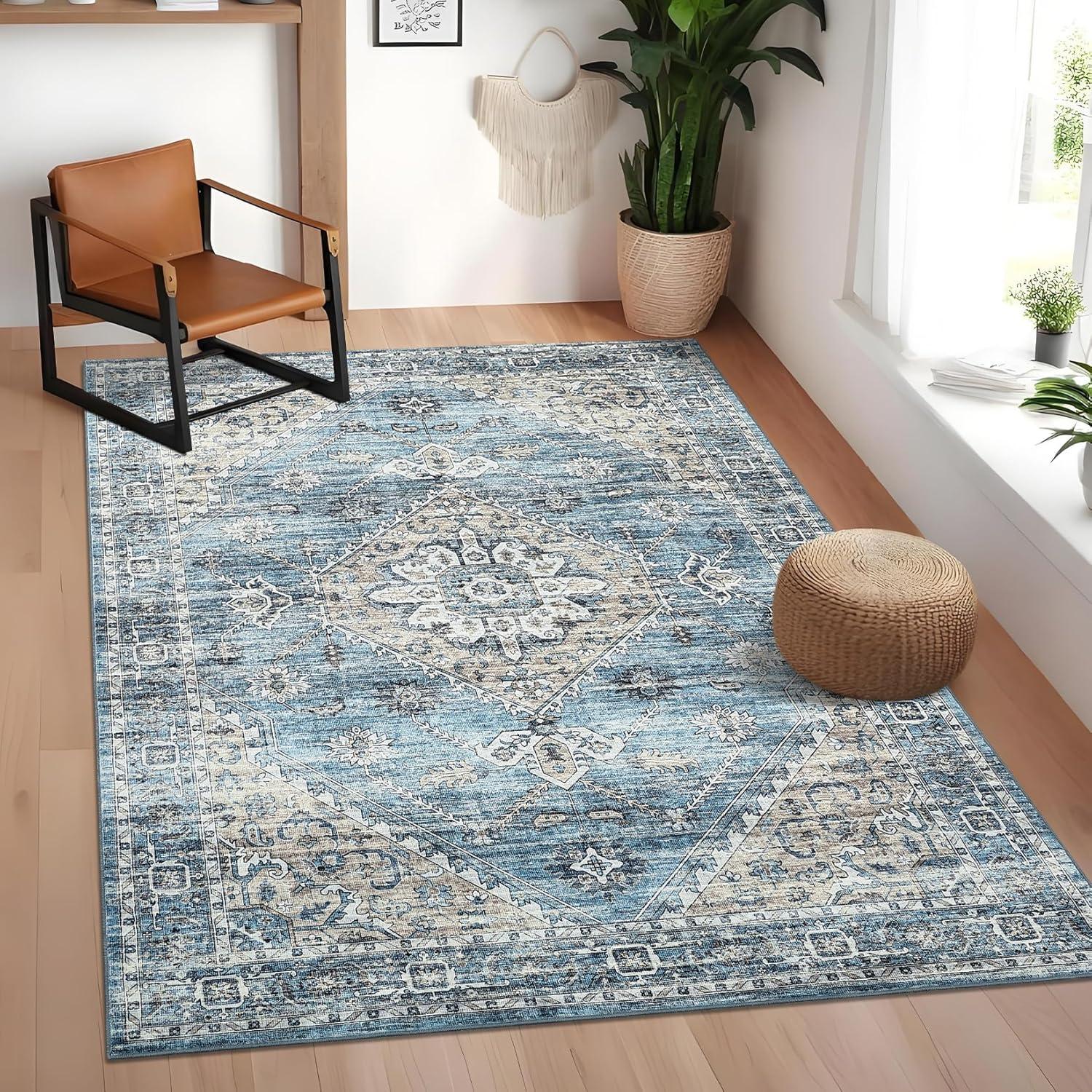 image:imageGarvee Washable Vintage Area Rug Distressed Floral Print Living Room Rugs Retro Accent Floorcover Mat Non Slip Low Pile Throw Carpet for Kitchen Dining Room Office ApartmentBlue
