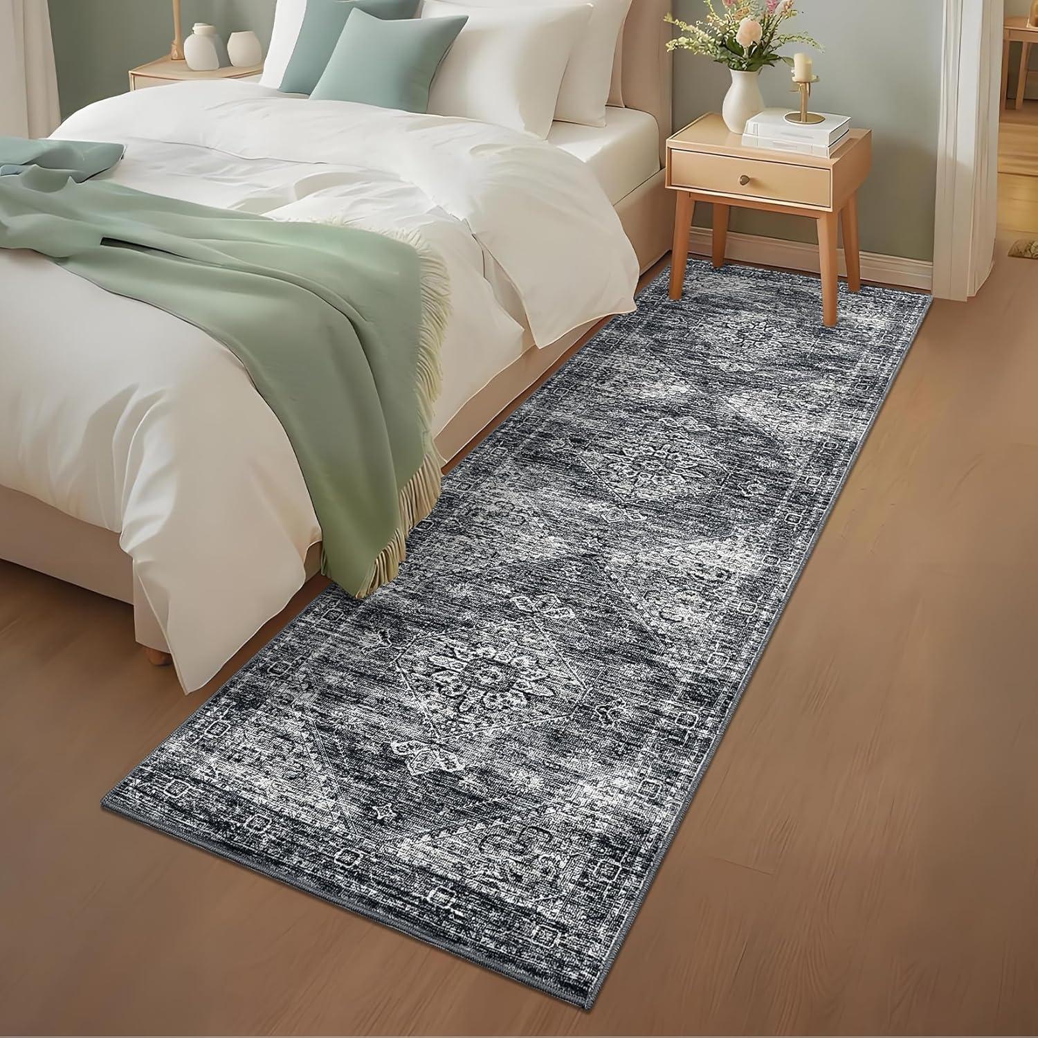 image:imageGarvee Washable Vintage Area Rug Distressed Floral Print Living Room Rugs Retro Accent Floorcover Mat Non Slip Low Pile Throw Carpet for Kitchen Dining Room Office ApartmentDark Grey