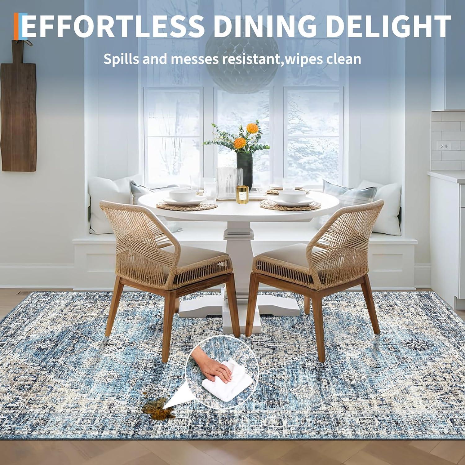 image:imageGarvee Washable Vintage Area Rug Distressed Floral Print Living Room Rugs Retro Accent Floorcover Mat Non Slip Low Pile Throw Carpet for Kitchen Dining Room Office ApartmentBlue