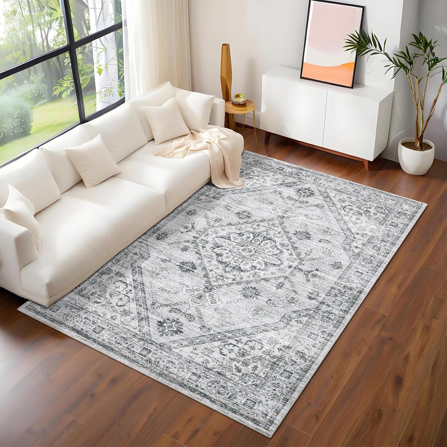 image:imageGarvee Washable Vintage Area Rug Distressed Floral Print Living Room Rugs Retro Accent Floorcover Mat Non Slip Low Pile Throw Carpet for Kitchen Dining Room Office ApartmentLight Grey