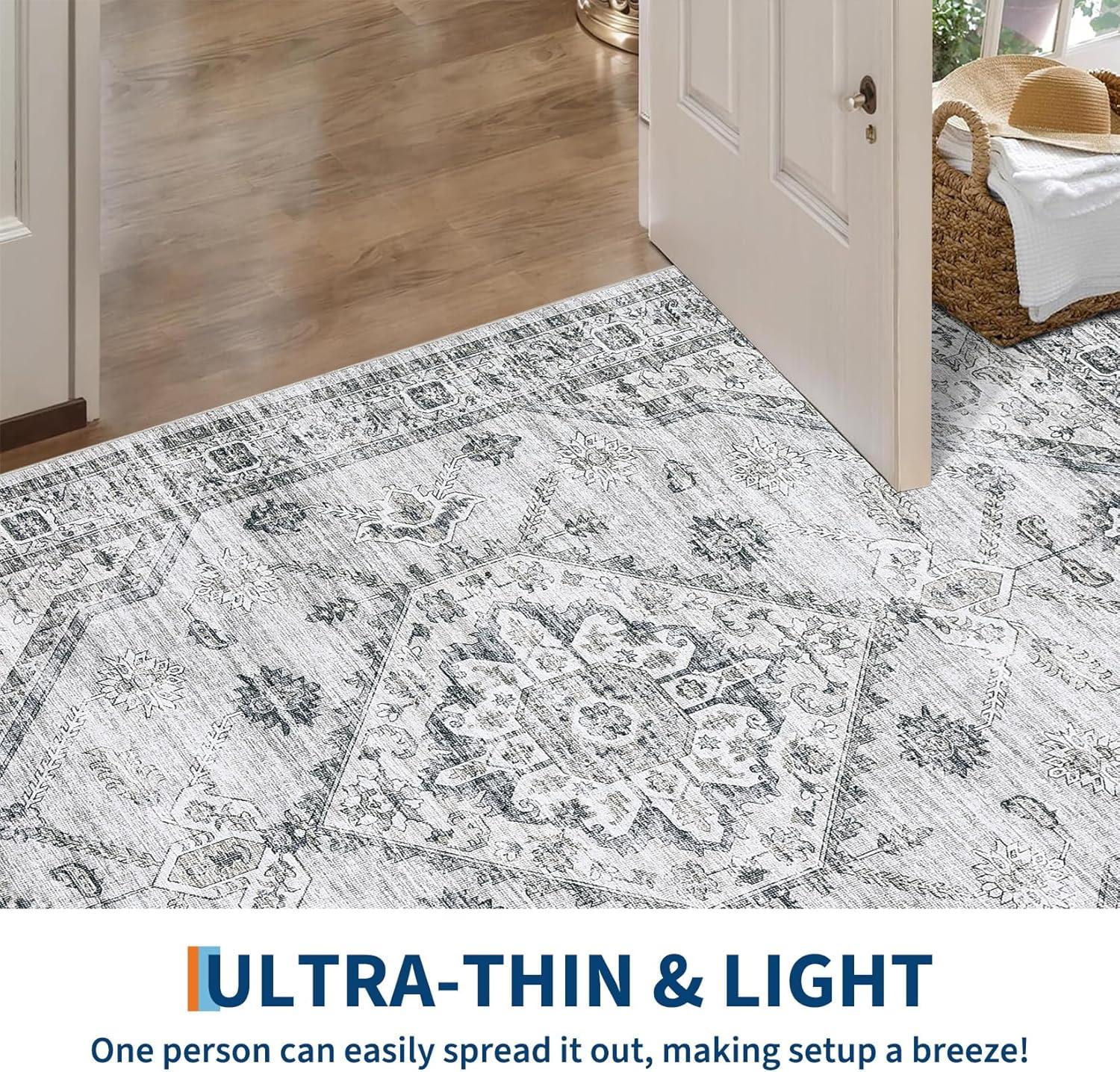 image:imageGarvee Washable Vintage Area Rug Distressed Floral Print Living Room Rugs Retro Accent Floorcover Mat Non Slip Low Pile Throw Carpet for Kitchen Dining Room Office ApartmentLight Grey