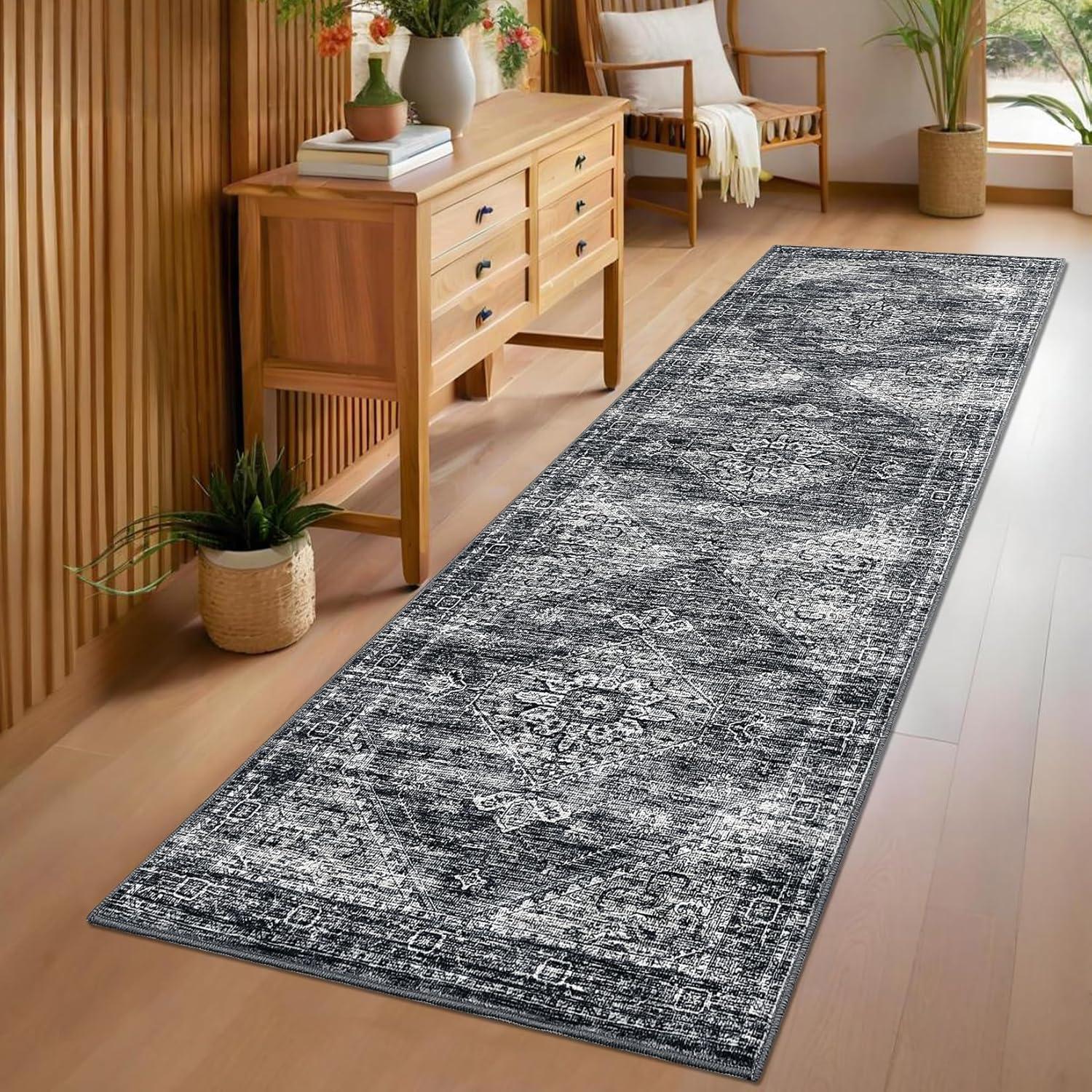 image:imageGarvee Washable Vintage Area Rug Distressed Floral Print Living Room Rugs Retro Accent Floorcover Mat Non Slip Low Pile Throw Carpet for Kitchen Dining Room Office ApartmentDark Grey