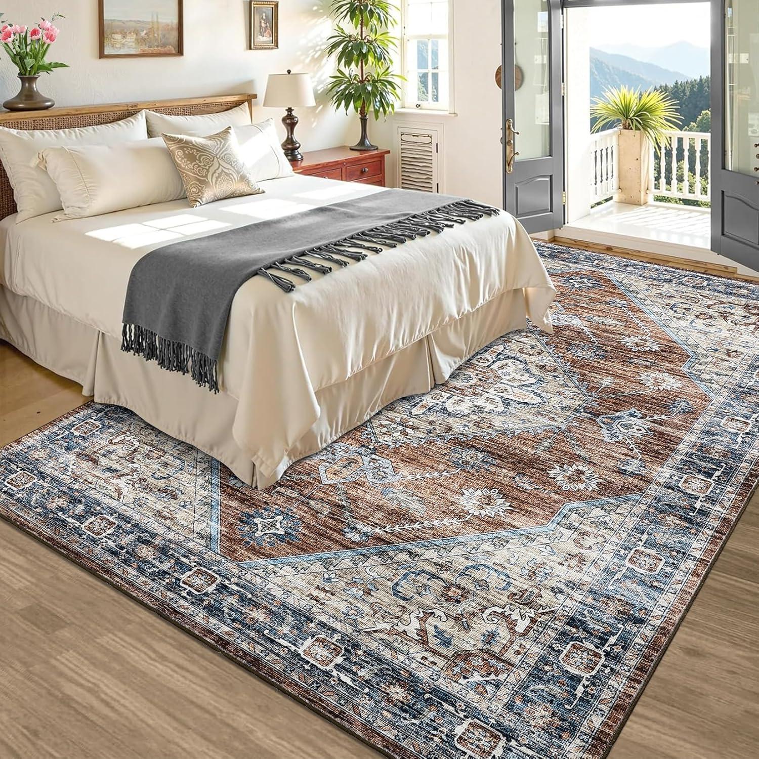 image:imageGarvee Washable Vintage Area Rug Distressed Floral Print Living Room Rugs Retro Accent Floorcover Mat Non Slip Low Pile Throw Carpet for Kitchen Dining Room Office ApartmentRed