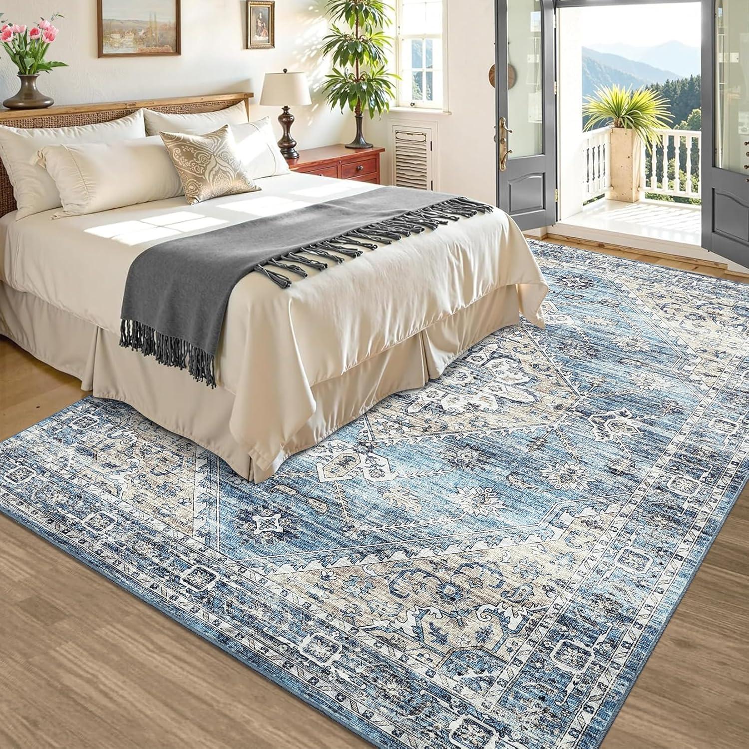image:imageGarvee Washable Vintage Area Rug Distressed Floral Print Living Room Rugs Retro Accent Floorcover Mat Non Slip Low Pile Throw Carpet for Kitchen Dining Room Office ApartmentBlue