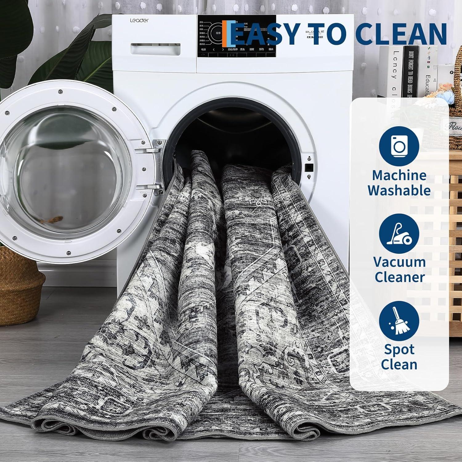 image:imageGarvee Washable Vintage Area Rug Distressed Floral Print Living Room Rugs Retro Accent Floorcover Mat Non Slip Low Pile Throw Carpet for Kitchen Dining Room Office ApartmentDark Grey