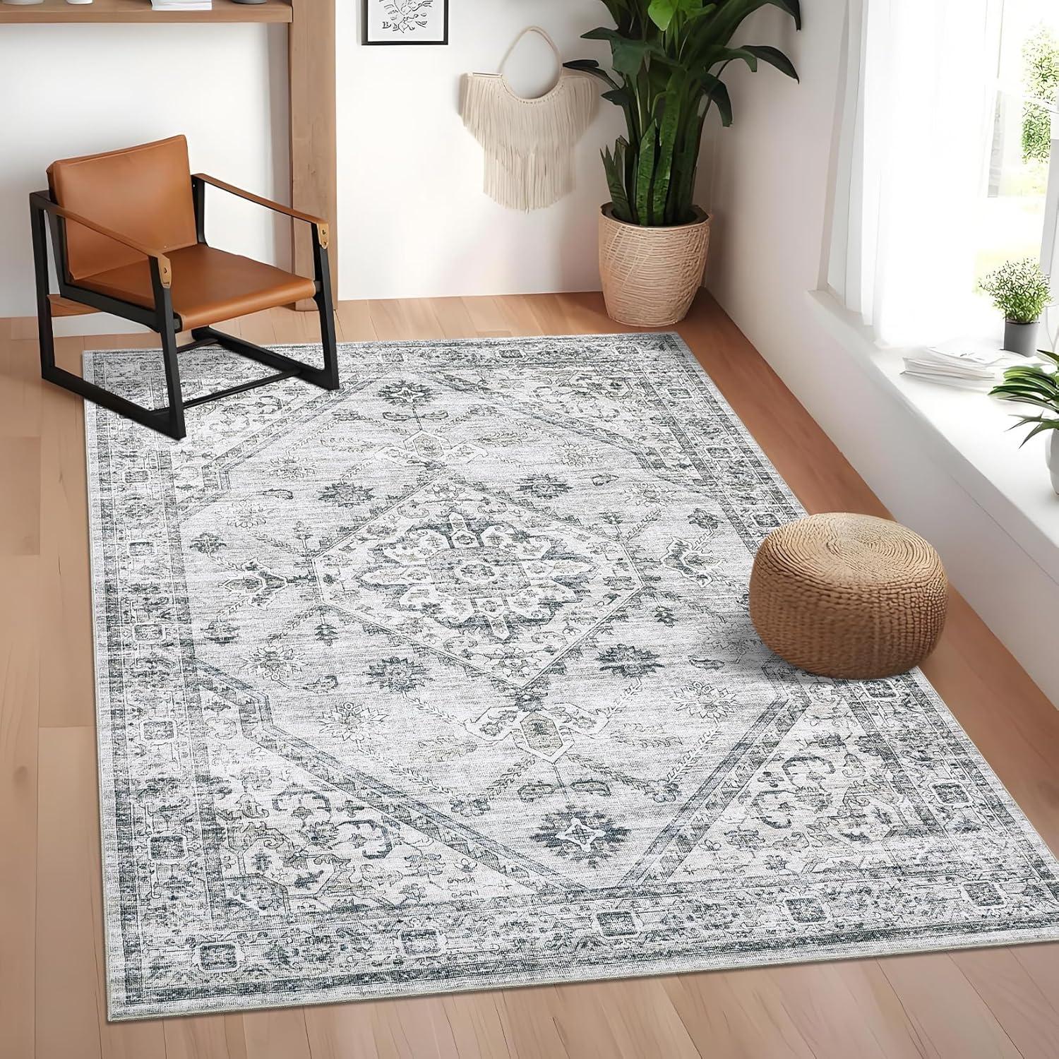 image:imageGarvee Washable Vintage Area Rug Distressed Floral Print Living Room Rugs Retro Accent Floorcover Mat Non Slip Low Pile Throw Carpet for Kitchen Dining Room Office ApartmentLight Grey