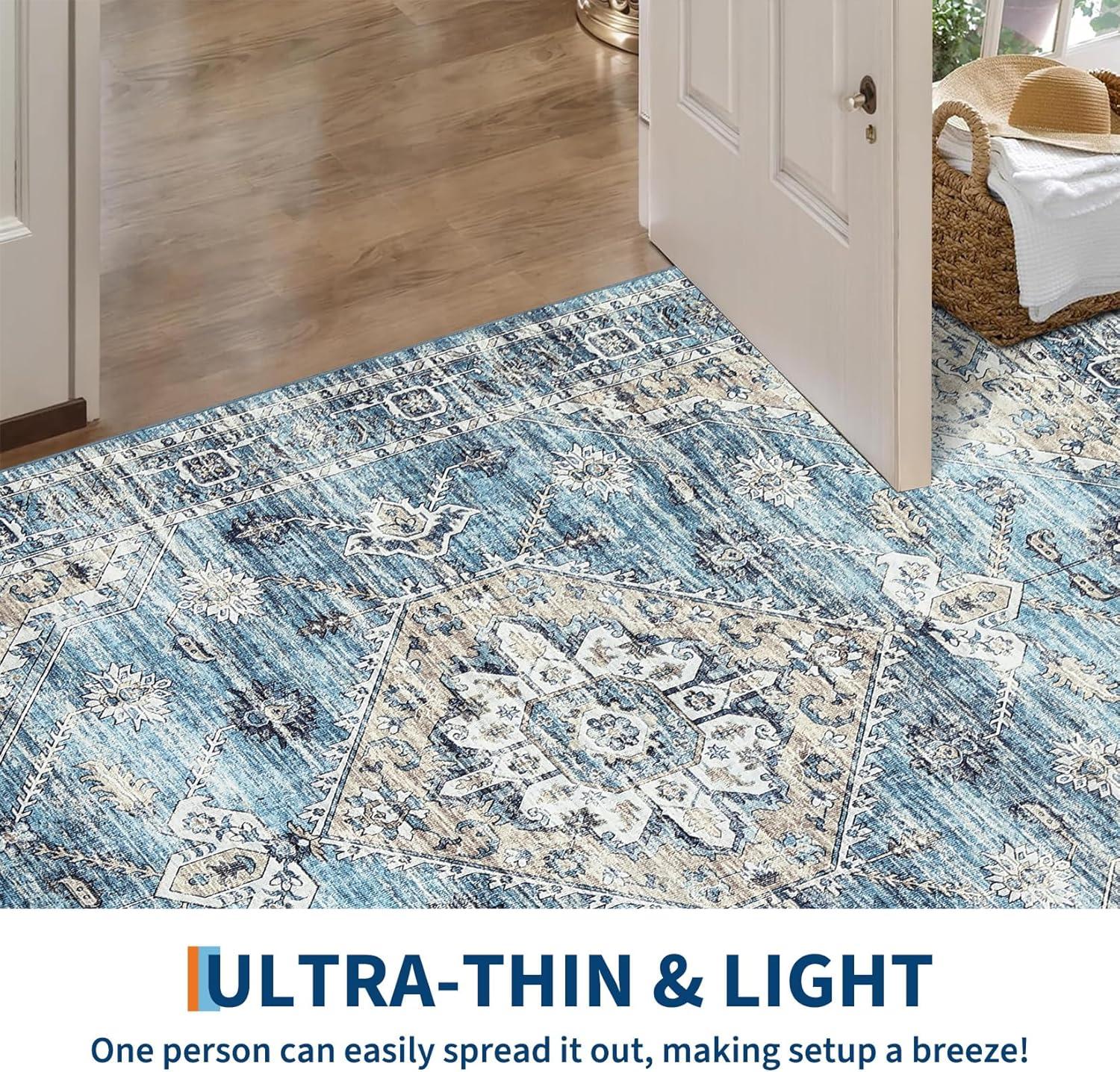 image:imageGarvee Washable Vintage Area Rug Distressed Floral Print Living Room Rugs Retro Accent Floorcover Mat Non Slip Low Pile Throw Carpet for Kitchen Dining Room Office ApartmentBlue