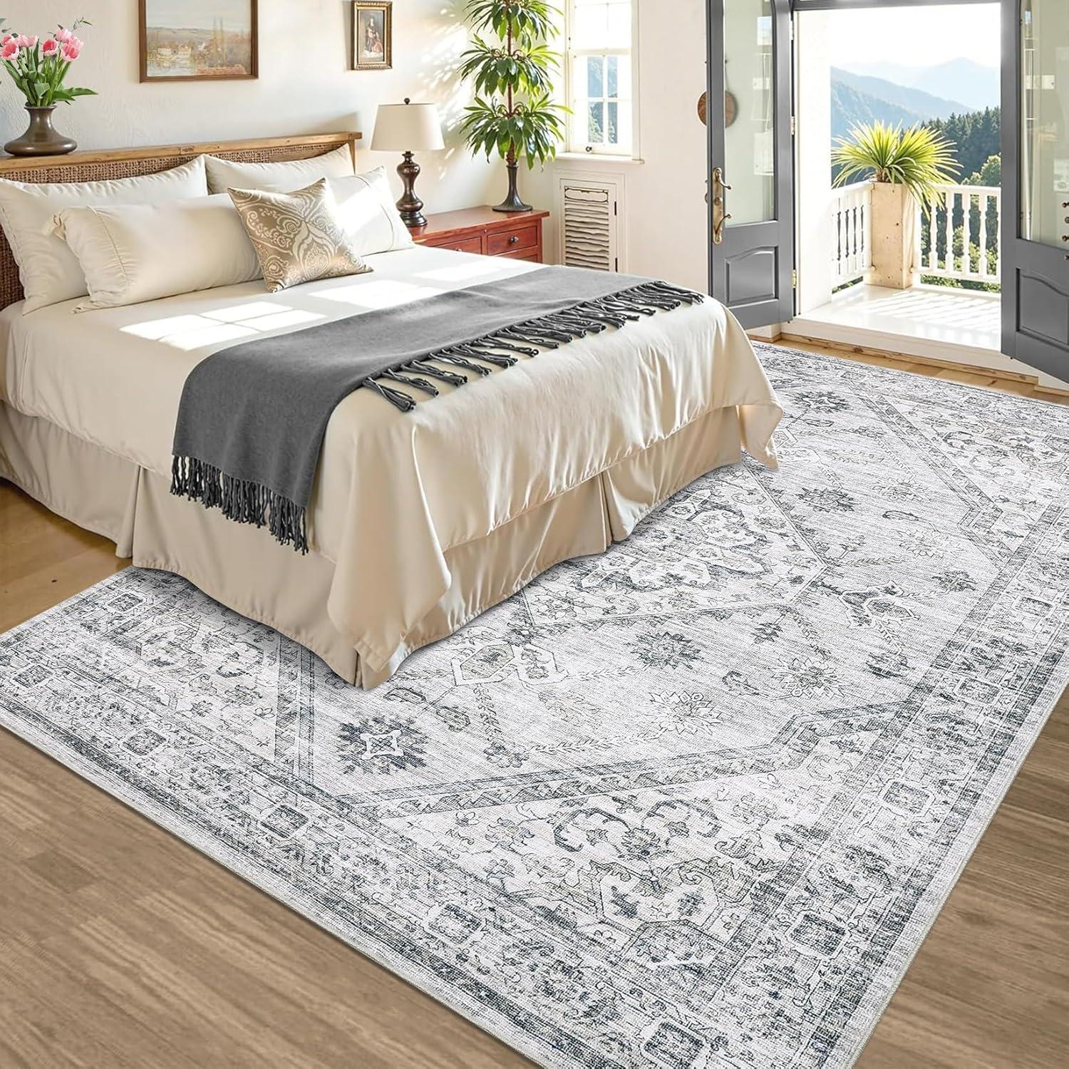 image:imageGarvee Washable Vintage Area Rug Distressed Floral Print Living Room Rugs Retro Accent Floorcover Mat Non Slip Low Pile Throw Carpet for Kitchen Dining Room Office ApartmentLight Grey