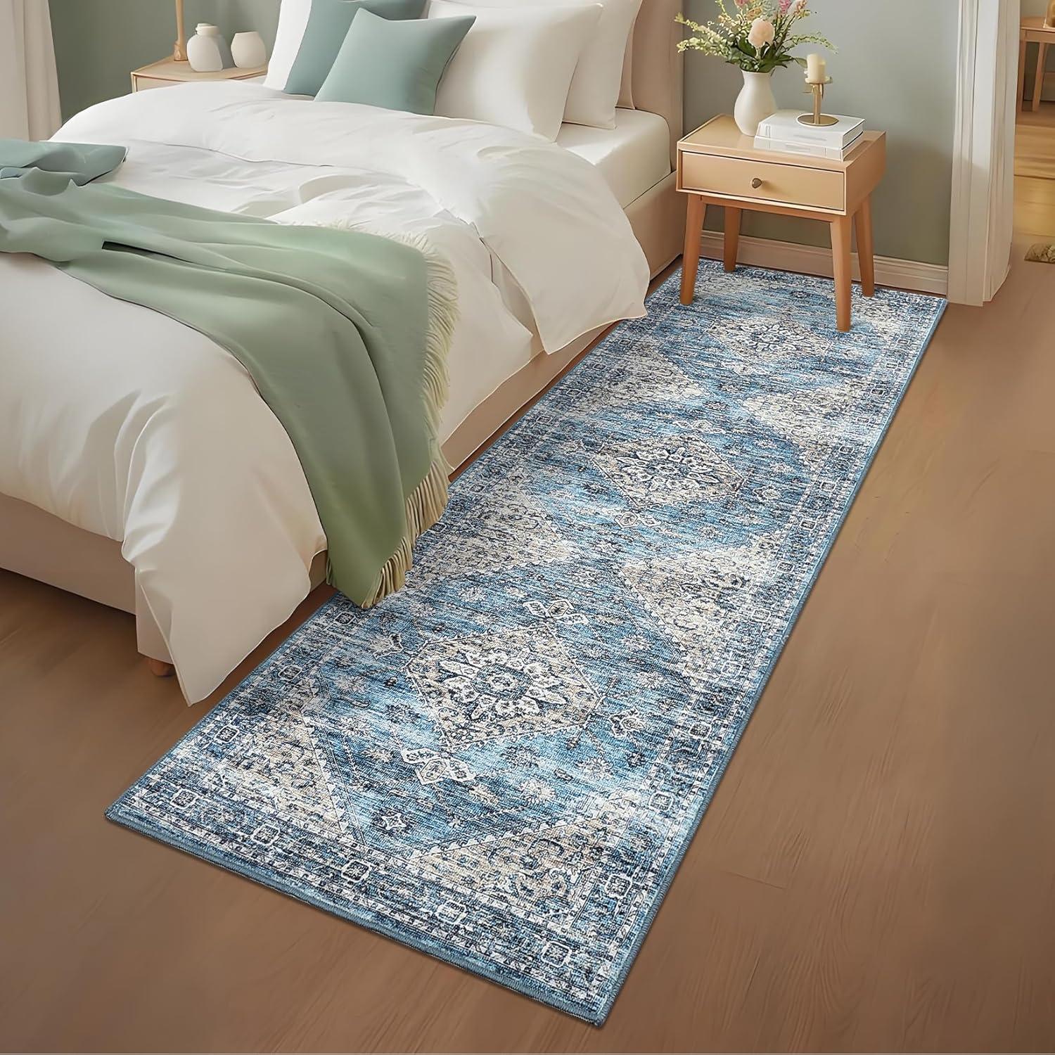 image:imageGarvee Washable Vintage Area Rug Distressed Floral Print Living Room Rugs Retro Accent Floorcover Mat Non Slip Low Pile Throw Carpet for Kitchen Dining Room Office ApartmentBlue