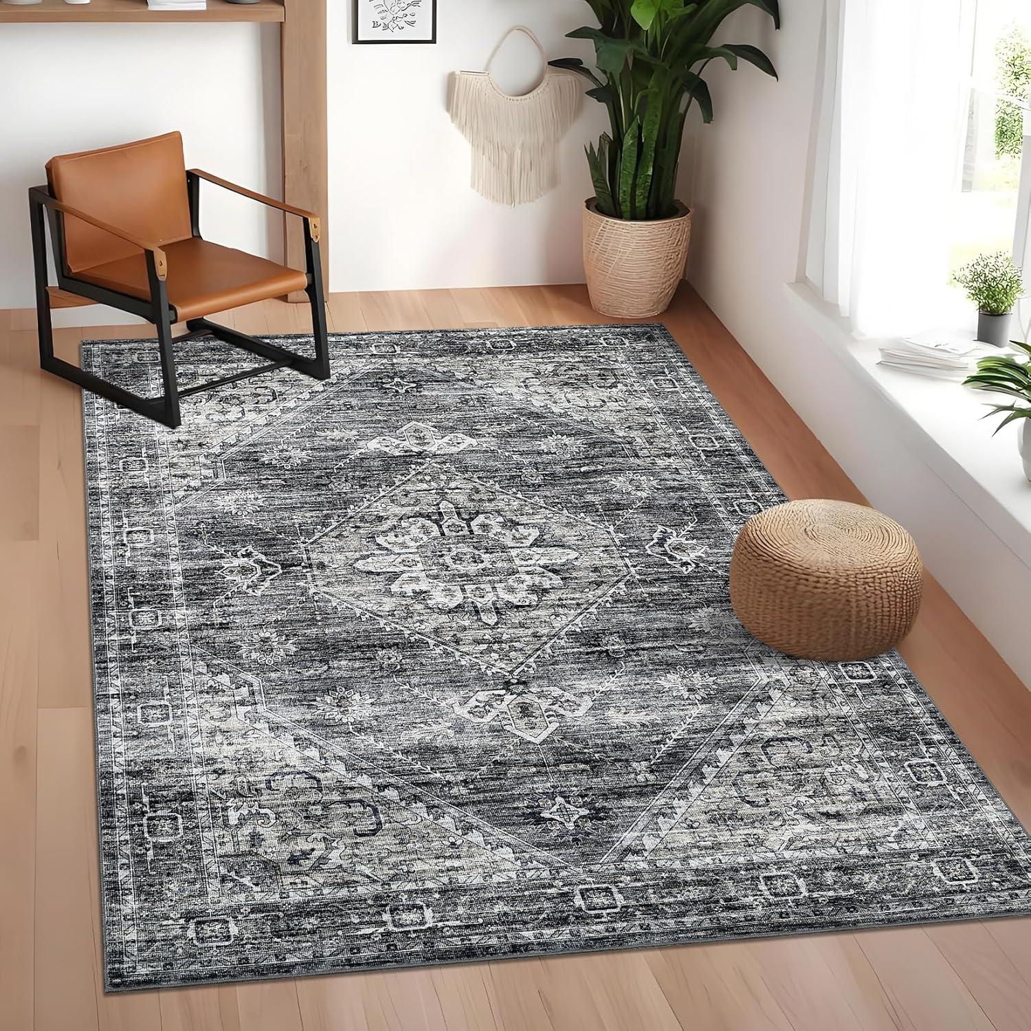 image:imageGarvee Washable Vintage Area Rug Distressed Floral Print Living Room Rugs Retro Accent Floorcover Mat Non Slip Low Pile Throw Carpet for Kitchen Dining Room Office ApartmentDark Grey