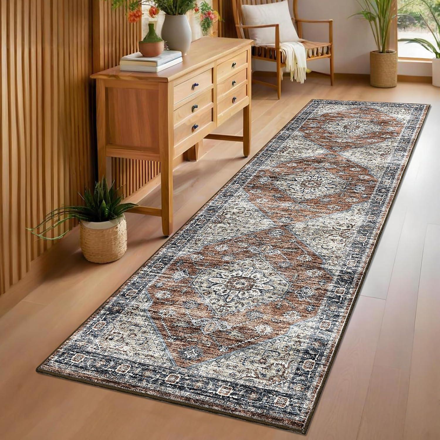 image:imageGarvee Washable Vintage Area Rug Distressed Floral Print Living Room Rugs Retro Accent Floorcover Mat Non Slip Low Pile Throw Carpet for Kitchen Dining Room Office ApartmentRed