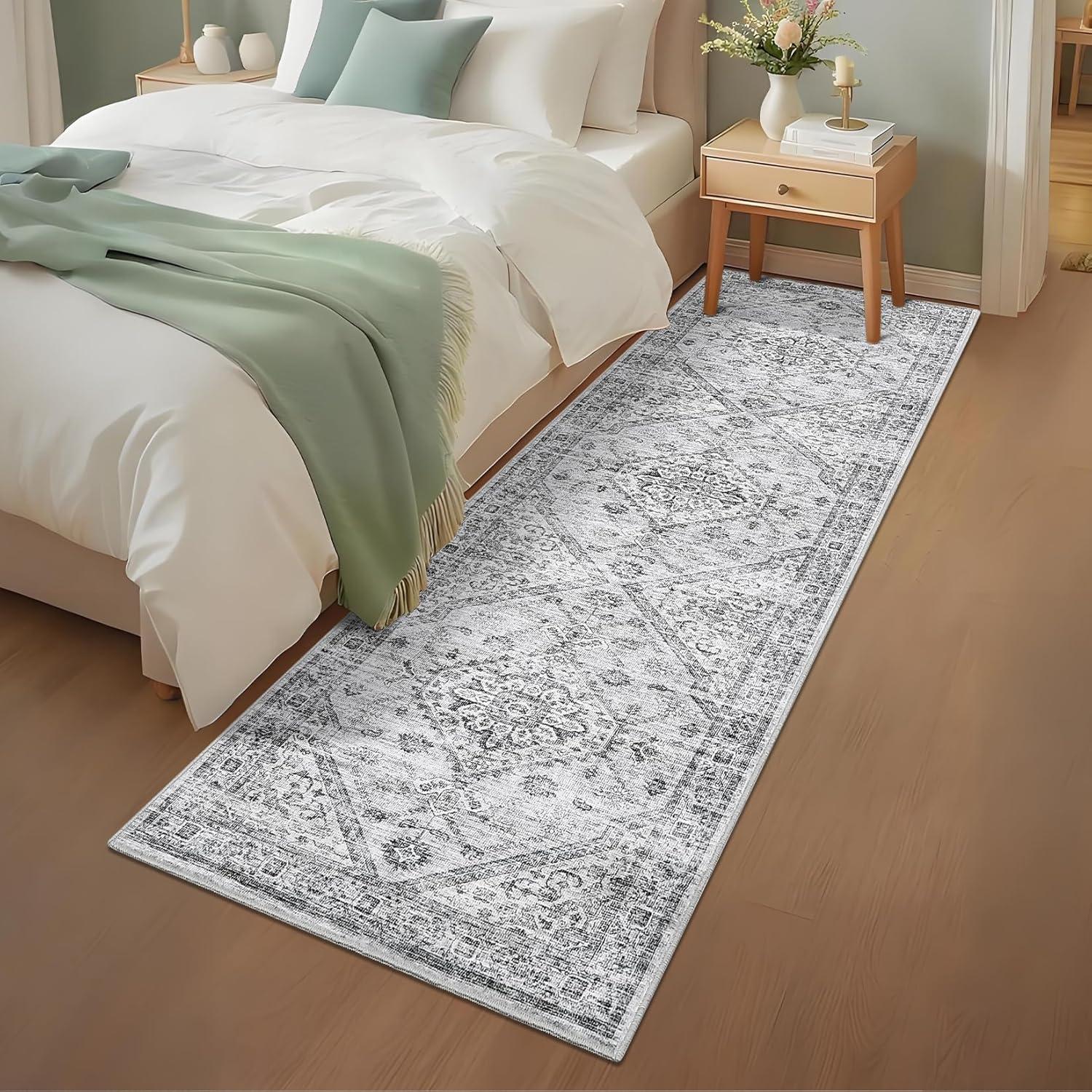 image:imageGarvee Washable Vintage Area Rug Distressed Floral Print Living Room Rugs Retro Accent Floorcover Mat Non Slip Low Pile Throw Carpet for Kitchen Dining Room Office ApartmentLight Grey