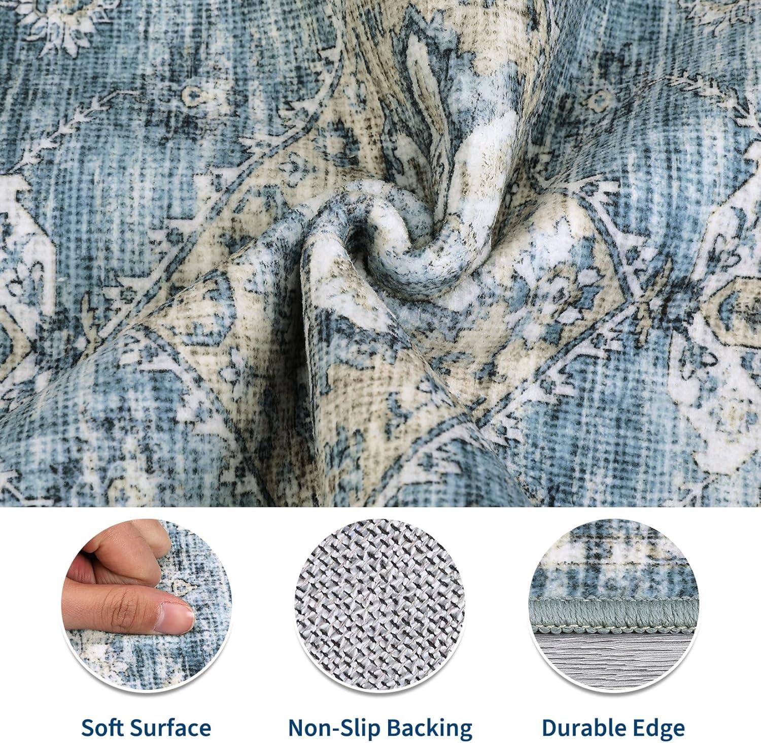 image:imageGarvee Washable Vintage Area Rug Distressed Floral Print Living Room Rugs Retro Accent Floorcover Mat Non Slip Low Pile Throw Carpet for Kitchen Dining Room Office ApartmentBlue