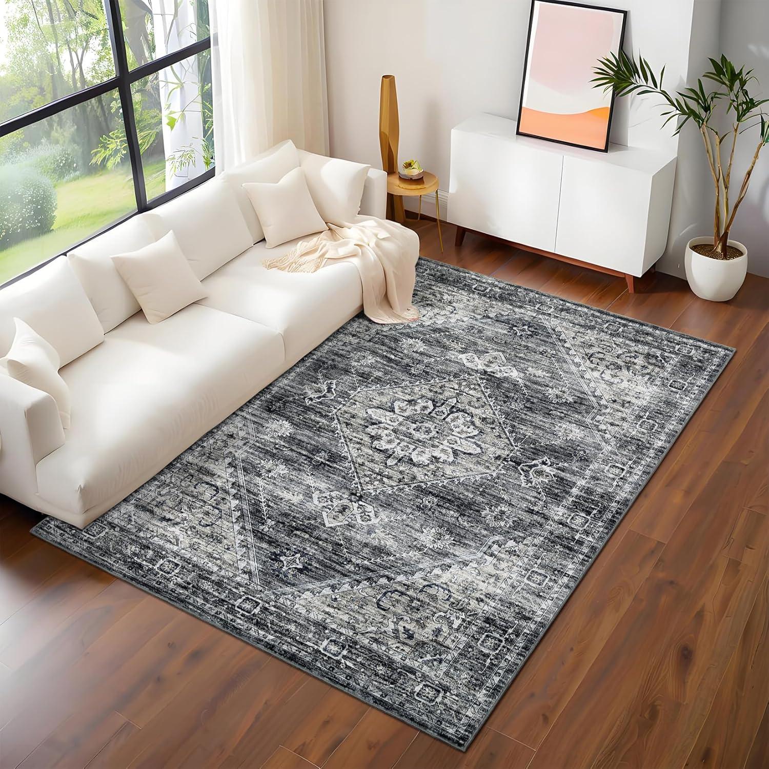 image:imageGarvee Washable Vintage Area Rug Distressed Floral Print Living Room Rugs Retro Accent Floorcover Mat Non Slip Low Pile Throw Carpet for Kitchen Dining Room Office ApartmentDark Grey