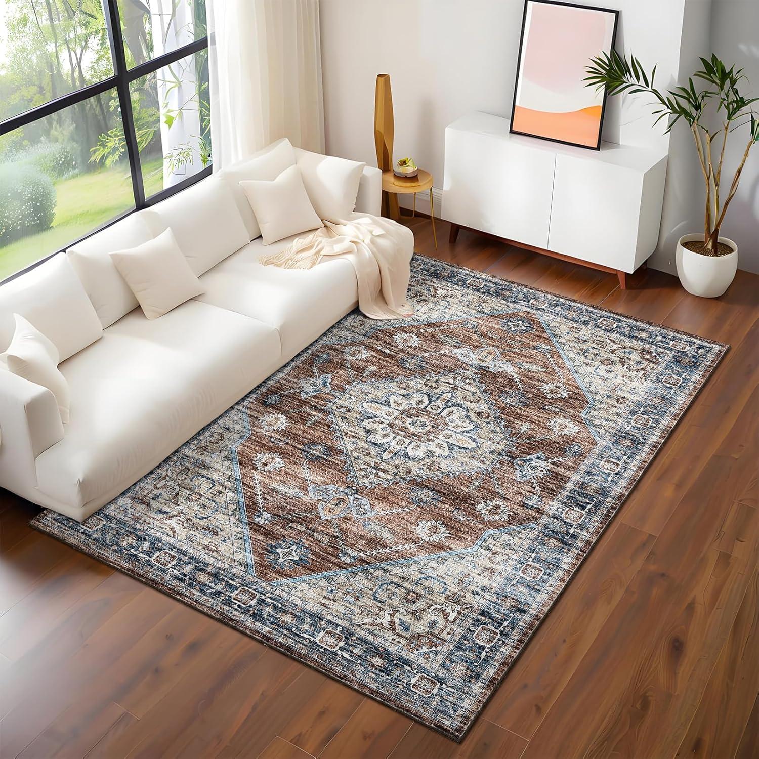 image:imageGarvee Washable Vintage Area Rug Distressed Floral Print Living Room Rugs Retro Accent Floorcover Mat Non Slip Low Pile Throw Carpet for Kitchen Dining Room Office ApartmentRed
