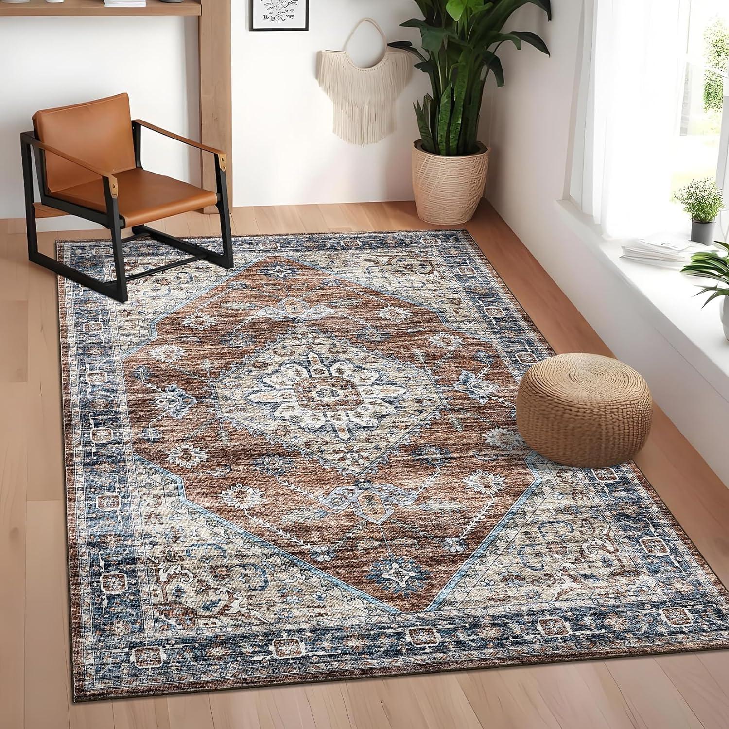 image:imageGarvee Washable Vintage Area Rug Distressed Floral Print Living Room Rugs Retro Accent Floorcover Mat Non Slip Low Pile Throw Carpet for Kitchen Dining Room Office ApartmentRed