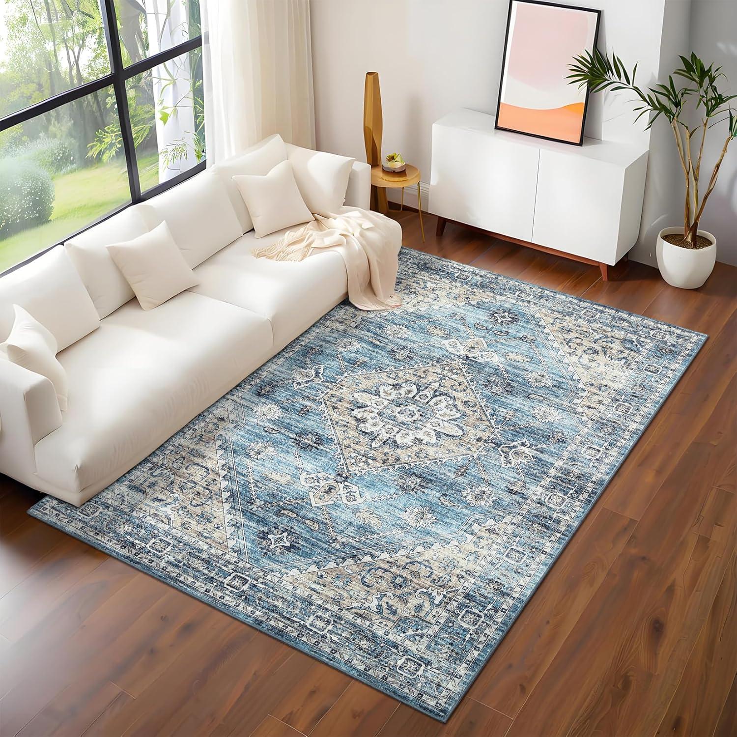 image:imageGarvee Washable Vintage Area Rug Distressed Floral Print Living Room Rugs Retro Accent Floorcover Mat Non Slip Low Pile Throw Carpet for Kitchen Dining Room Office ApartmentBlue