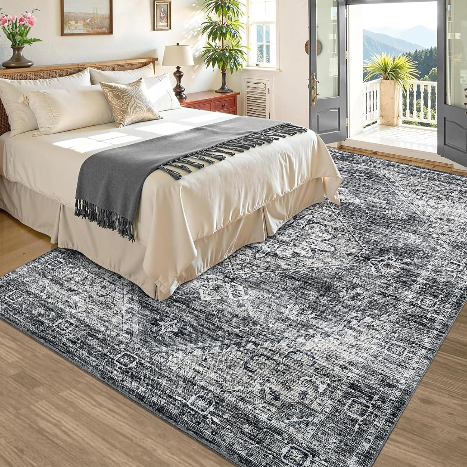 image:imageGarvee Washable Vintage Area Rug Distressed Floral Print Living Room Rugs Retro Accent Floorcover Mat Non Slip Low Pile Throw Carpet for Kitchen Dining Room Office ApartmentDark Grey