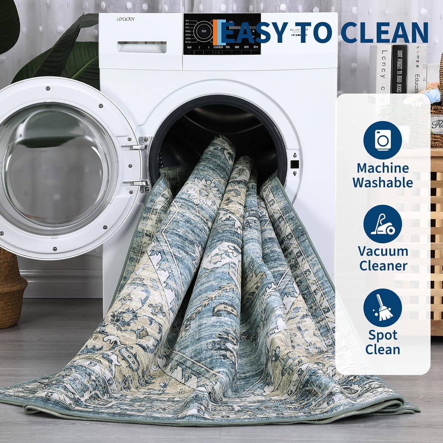 image:imageGarvee Washable Vintage Area Rug Distressed Floral Print Living Room Rugs Retro Accent Floorcover Mat Non Slip Low Pile Throw Carpet for Kitchen Dining Room Office ApartmentBlue