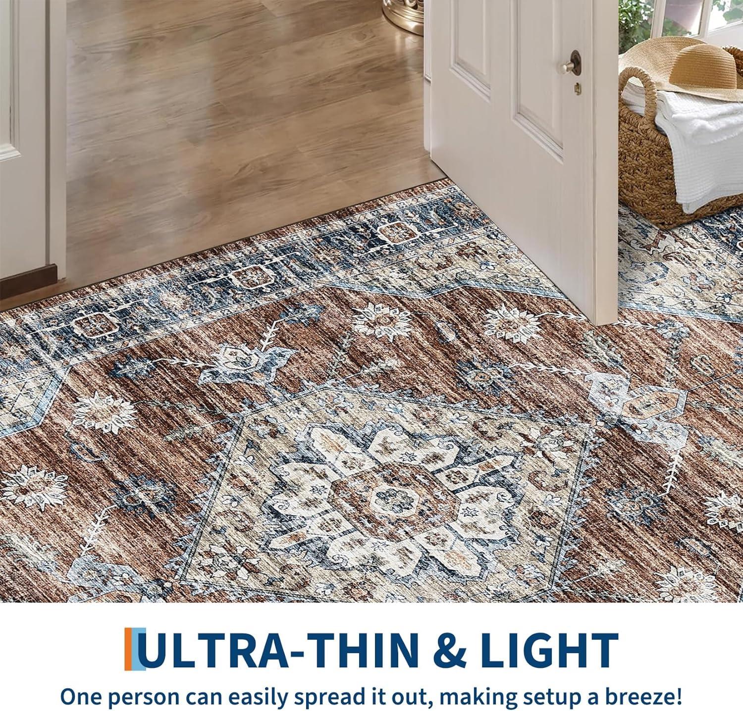 image:imageGarvee Washable Vintage Area Rug Distressed Floral Print Living Room Rugs Retro Accent Floorcover Mat Non Slip Low Pile Throw Carpet for Kitchen Dining Room Office ApartmentRed