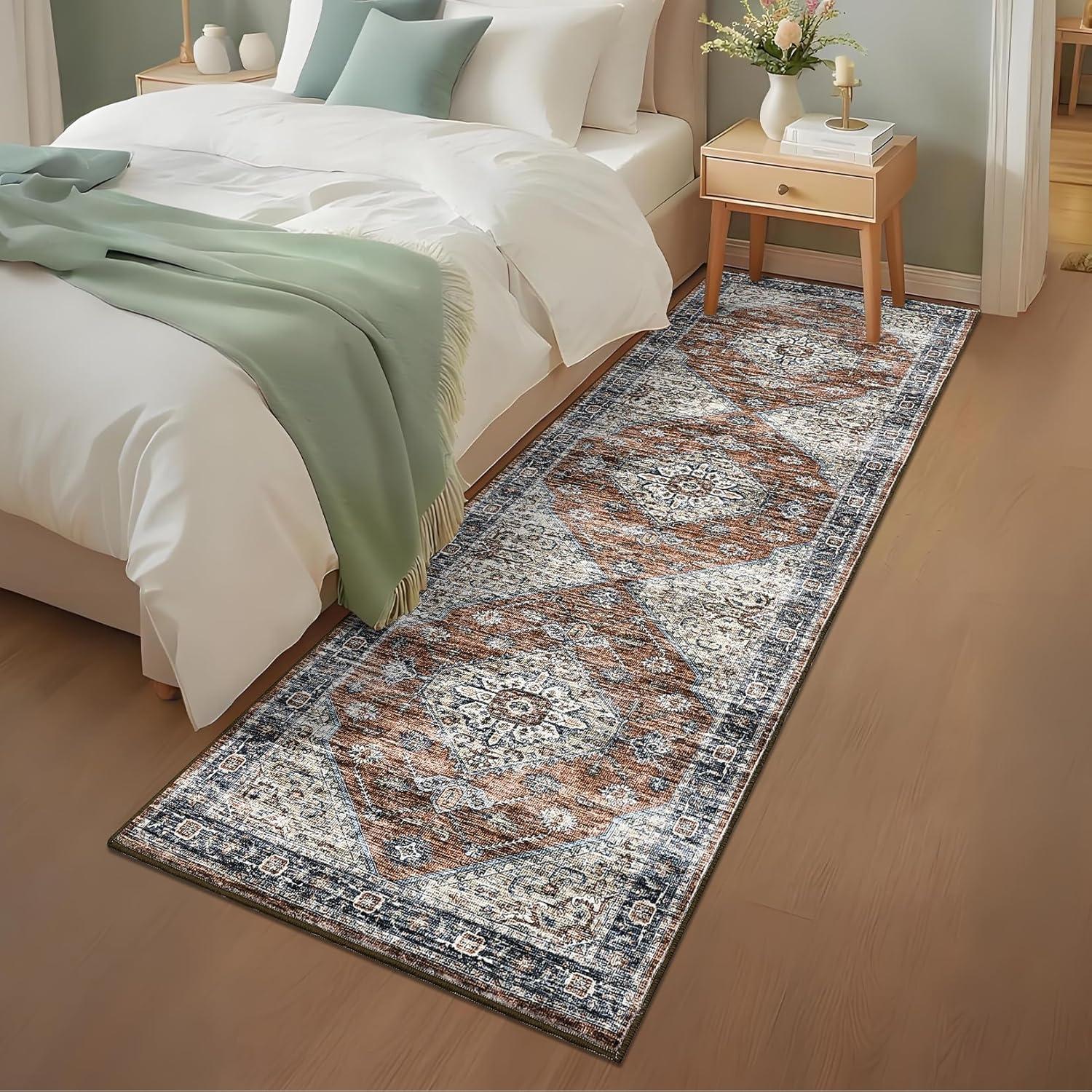 image:imageGarvee Washable Vintage Area Rug Distressed Floral Print Living Room Rugs Retro Accent Floorcover Mat Non Slip Low Pile Throw Carpet for Kitchen Dining Room Office ApartmentRed