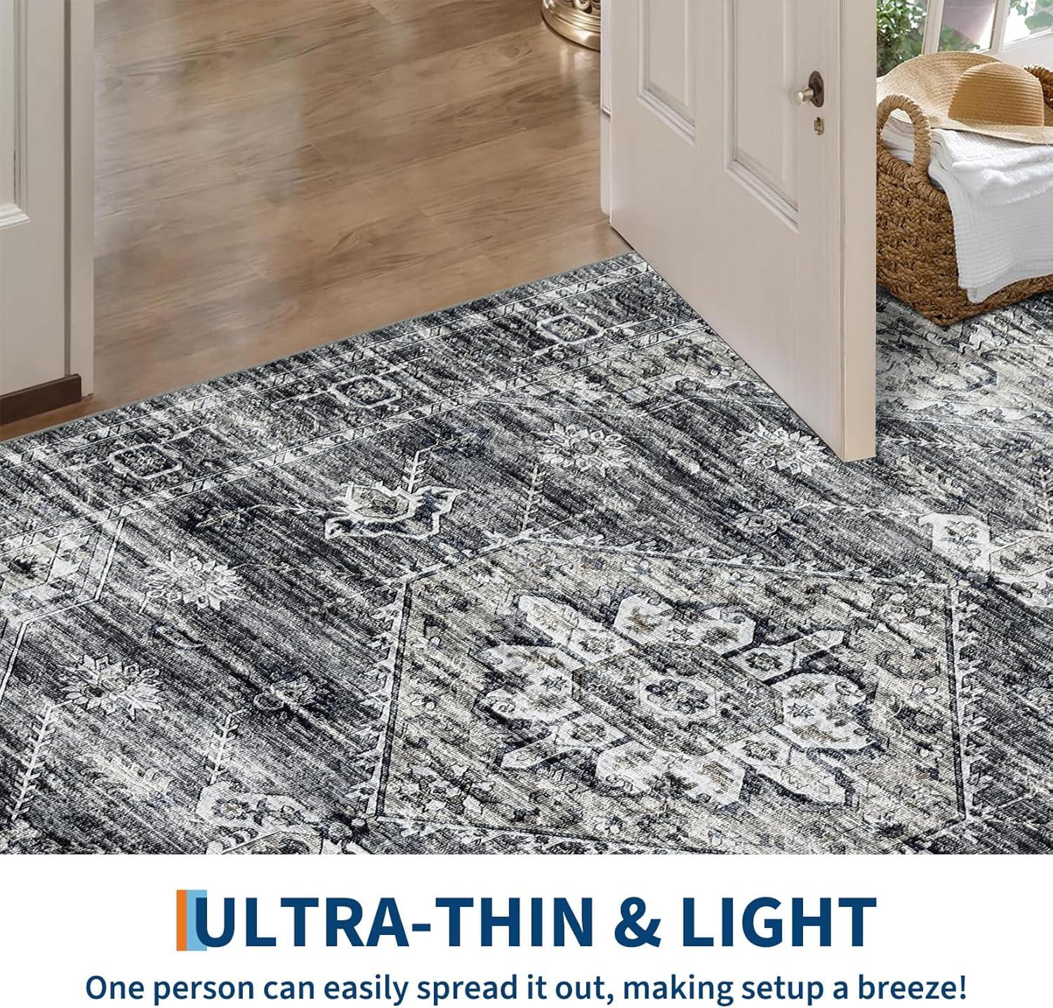 image:imageGarvee Washable Vintage Area Rug Distressed Floral Print Living Room Rugs Retro Accent Floorcover Mat Non Slip Low Pile Throw Carpet for Kitchen Dining Room Office ApartmentDark Grey