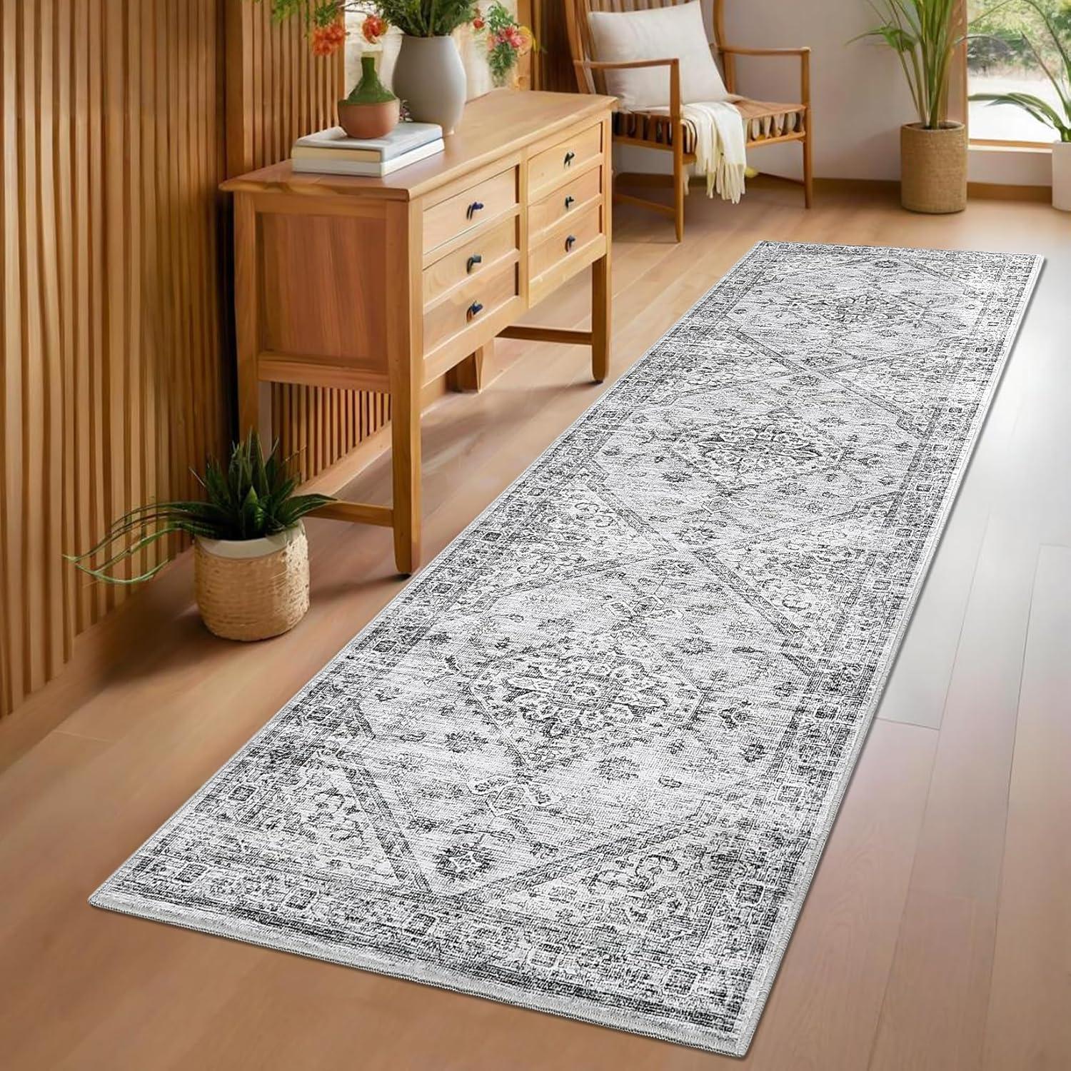 image:imageGarvee Washable Vintage Area Rug Distressed Floral Print Living Room Rugs Retro Accent Floorcover Mat Non Slip Low Pile Throw Carpet for Kitchen Dining Room Office ApartmentLight Grey