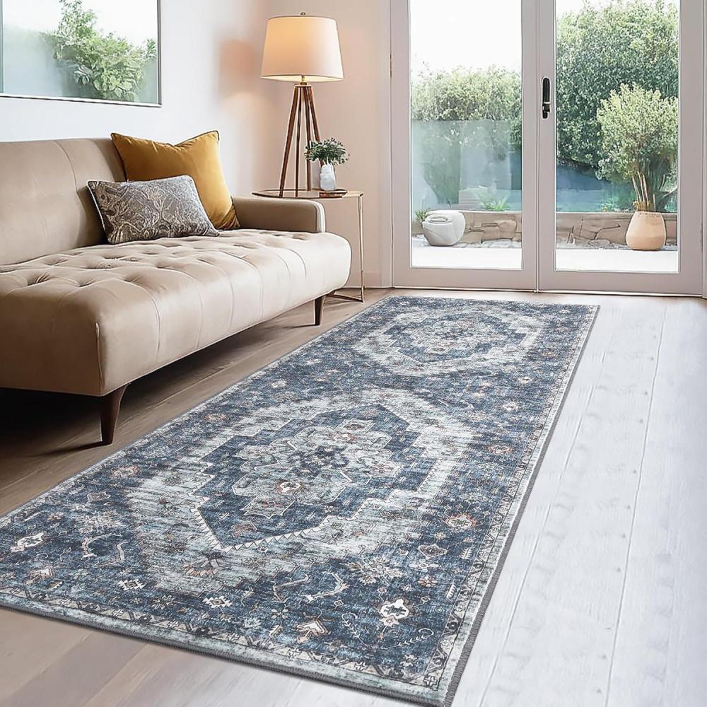 image:imageGarvee 2x6 Washable Vintage Runner Rug for Entryway Kitchen Soft Non Slip Thin Carpet Traditional Floral Print Floor Cover Distressed Accent Throw Rug for Hallway Bathroom Bedroom BrownBlue