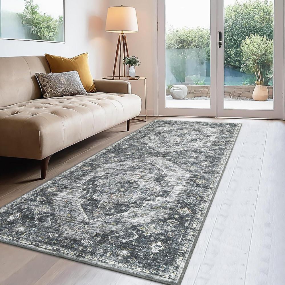 image:imageGarvee 2x6 Washable Vintage Runner Rug for Entryway Kitchen Soft Non Slip Thin Carpet Traditional Floral Print Floor Cover Distressed Accent Throw Rug for Hallway Bathroom Bedroom BrownGrey